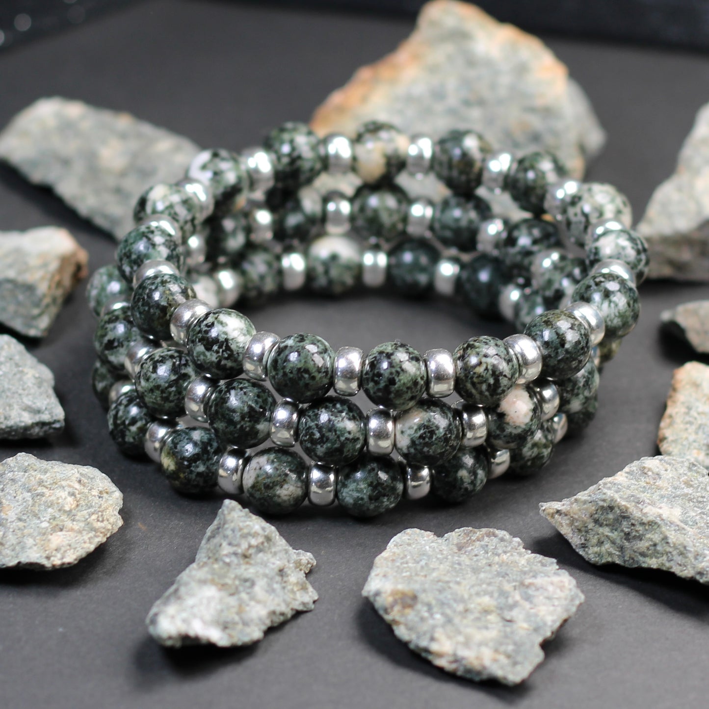 Preseli Bluestone (Spotted) Chunky Power Bracelet With Sterling Silver & Tumble Stone