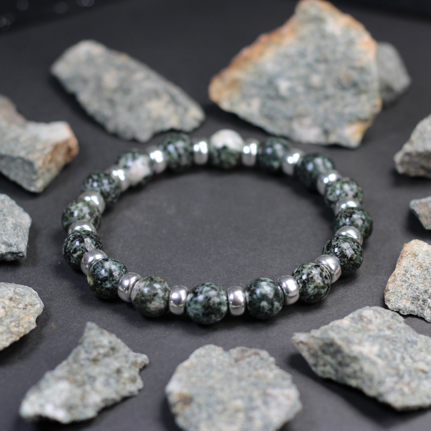 Preseli Bluestone (Spotted) Chunky Power Bracelet With Sterling Silver & Tumble Stone