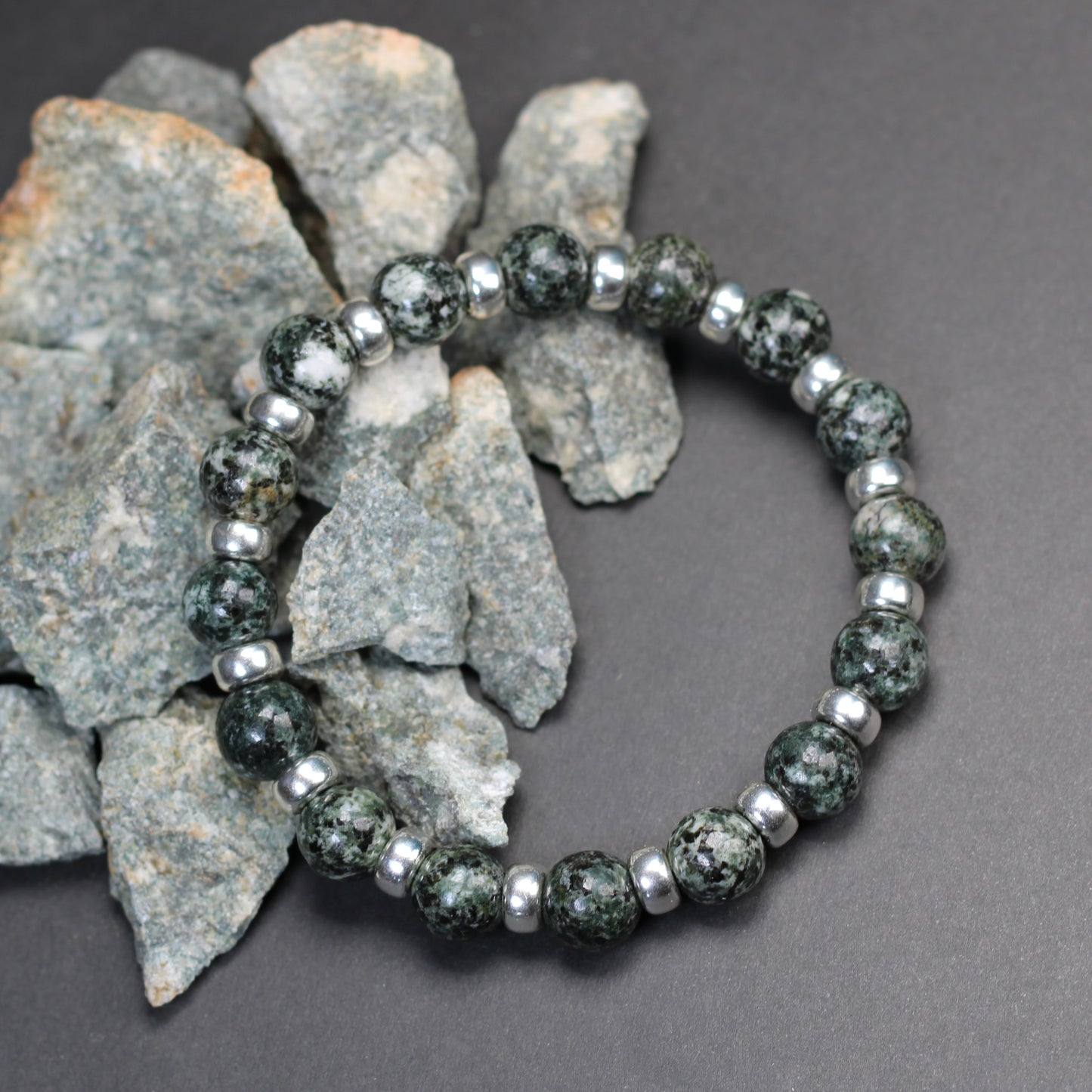 Preseli Bluestone (Spotted) Chunky Power Bracelet With Sterling Silver & Tumble Stone