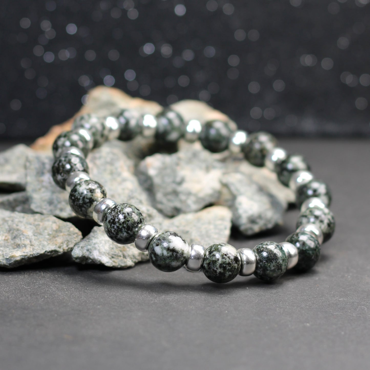 Preseli Bluestone (Spotted) Chunky Power Bracelet With Sterling Silver & Tumble Stone