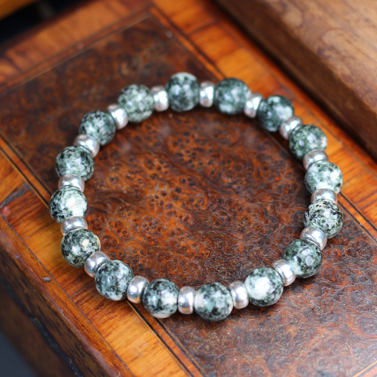 Preseli Bluestone (Spotted) Chunky Power Bracelet With Sterling Silver & Tumble Stone