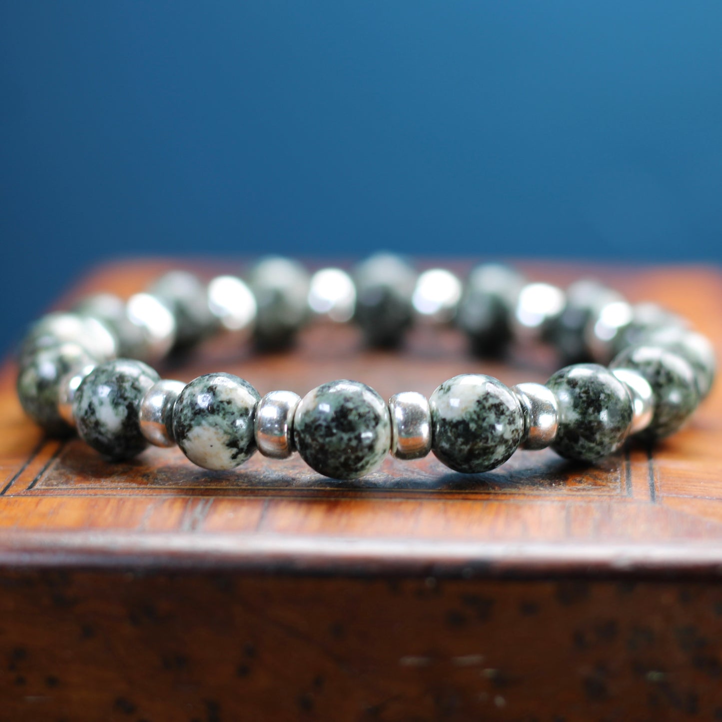 Preseli Bluestone (Spotted) Chunky Power Bracelet With Sterling Silver & Tumble Stone