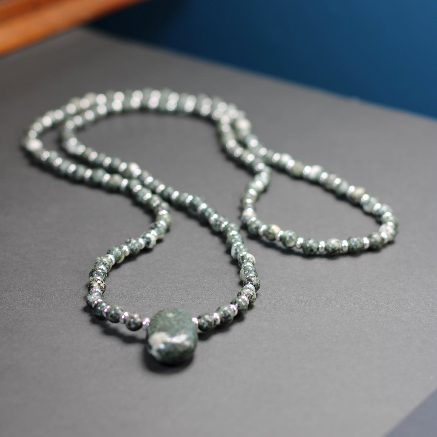 Preseli Bluestone Stonehenge Mala. 108 Bead Necklace And Sterling Silver Accent Bead. Dolorite Tumble Stone. 6mm Beads