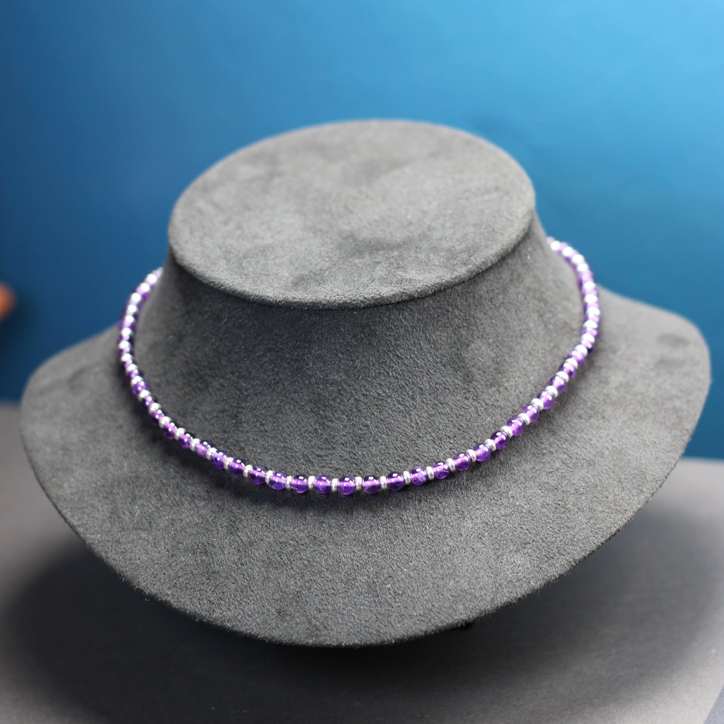 Amethyst Choker Necklace With Sterling Silver & Amethyst Tumble Stone