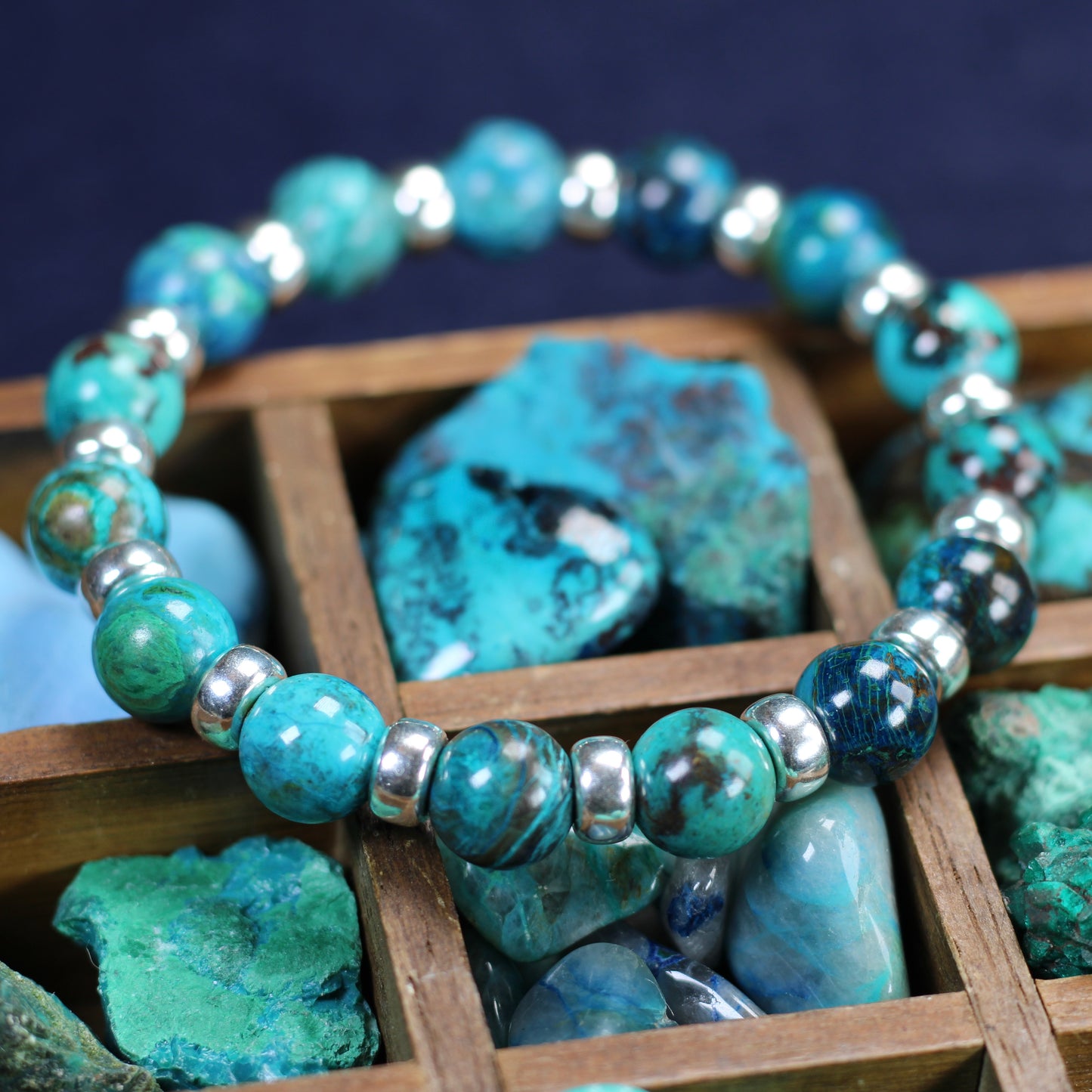 Chrysocolla & Azurite Chunky Power Bracelet With Sterling Silver