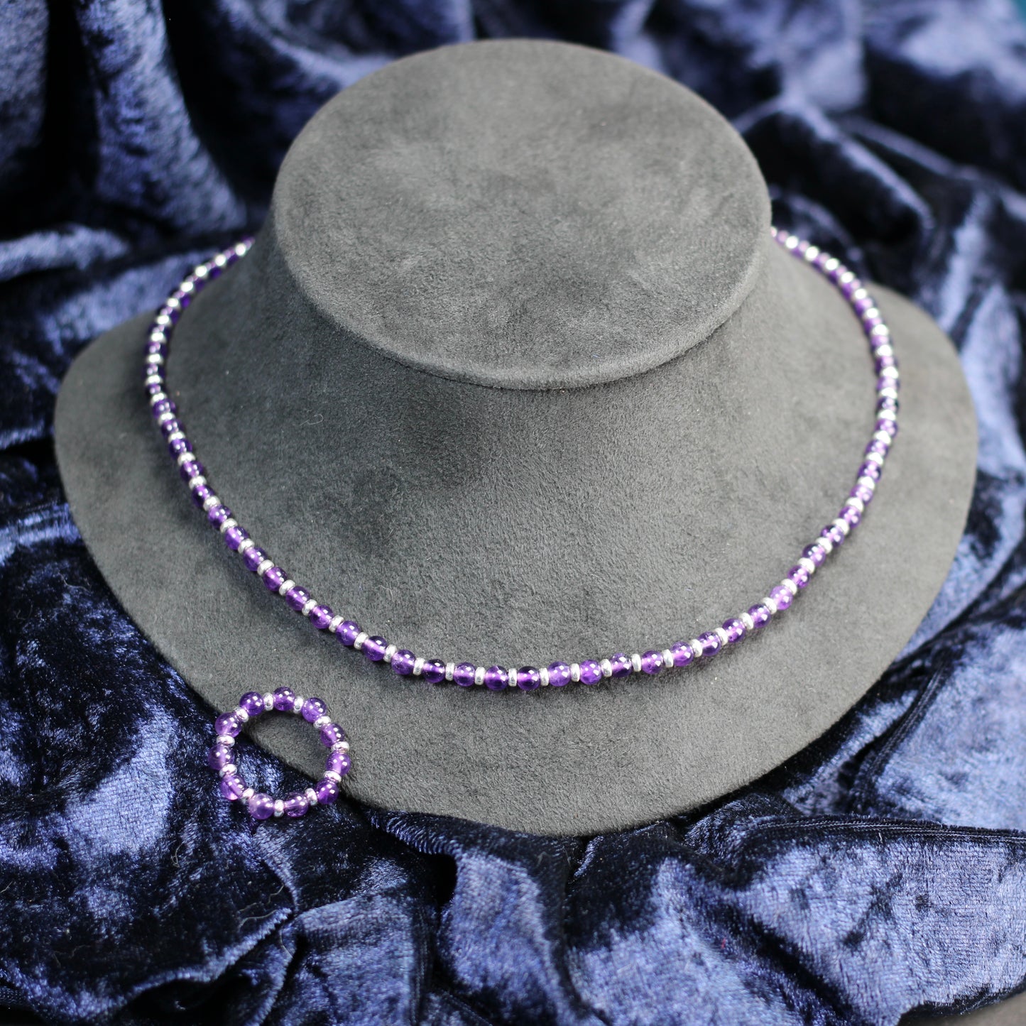 Amethyst Choker Necklace With Sterling Silver & Amethyst Tumble Stone