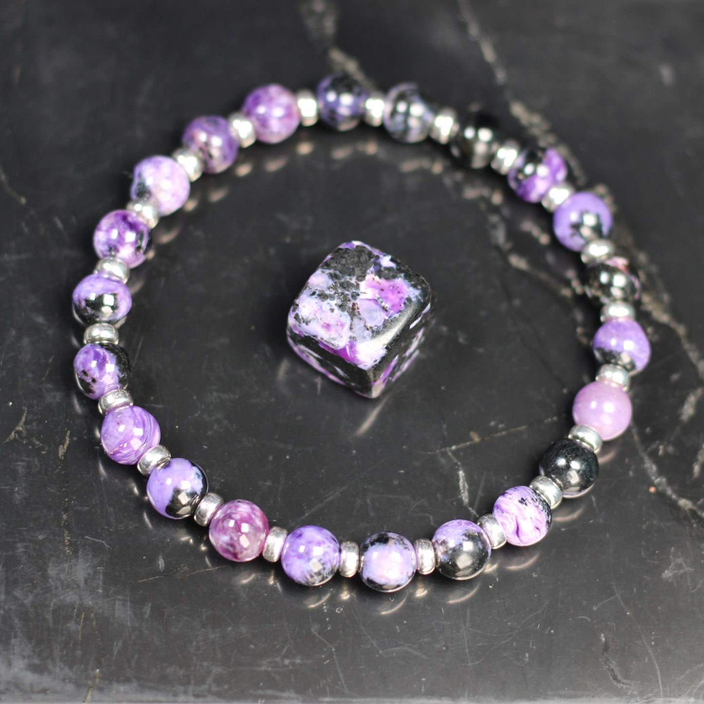 Charoite & Aegirine Power Bracelet With Sterling Silver & Tumble Stone
