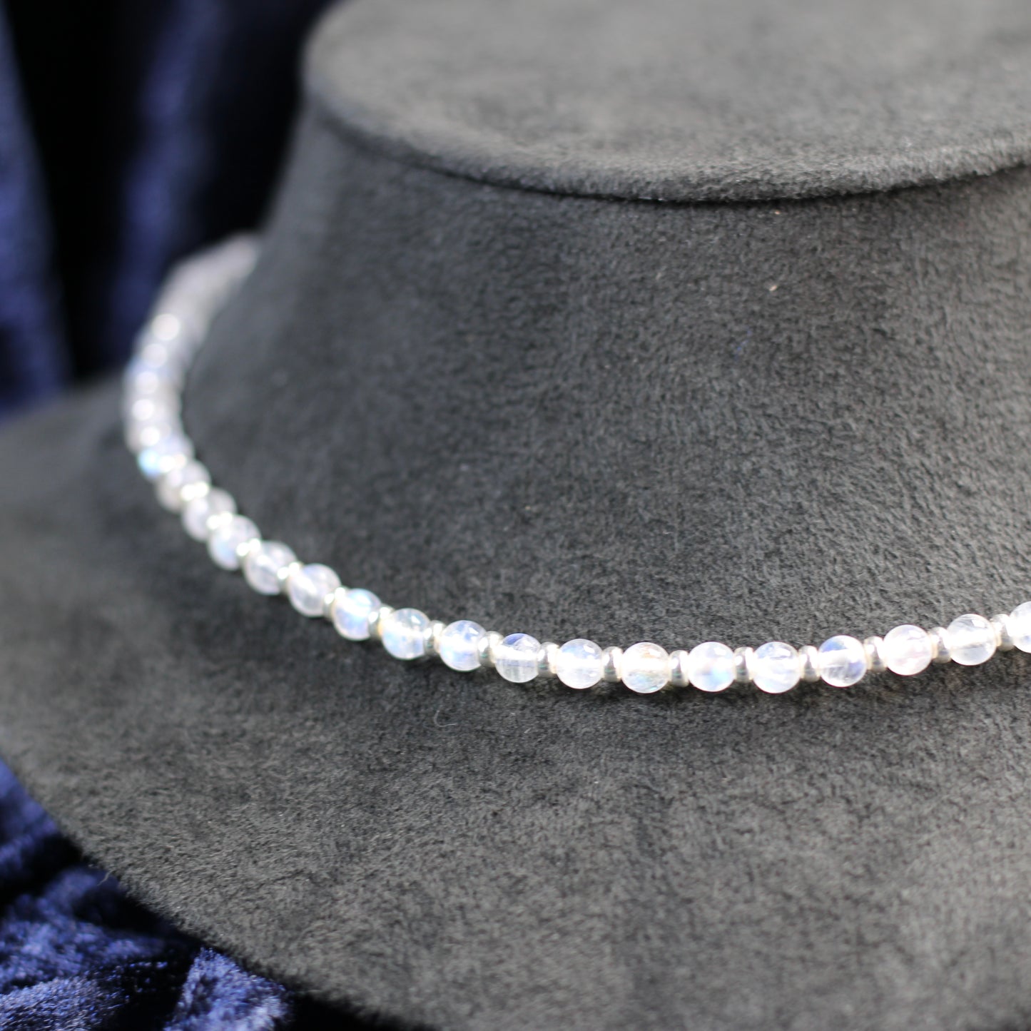 Rainbow Moonstone Choker Necklace With Sterling Silver & Tumble Stone