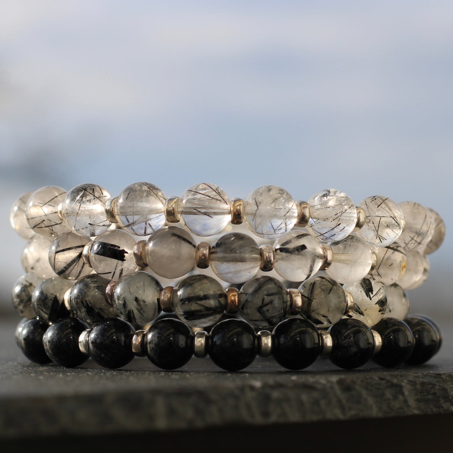 Tourmaline In Quartz Power Bracelet With Sterling Silver & Raw Tourmalated Quartz Piece