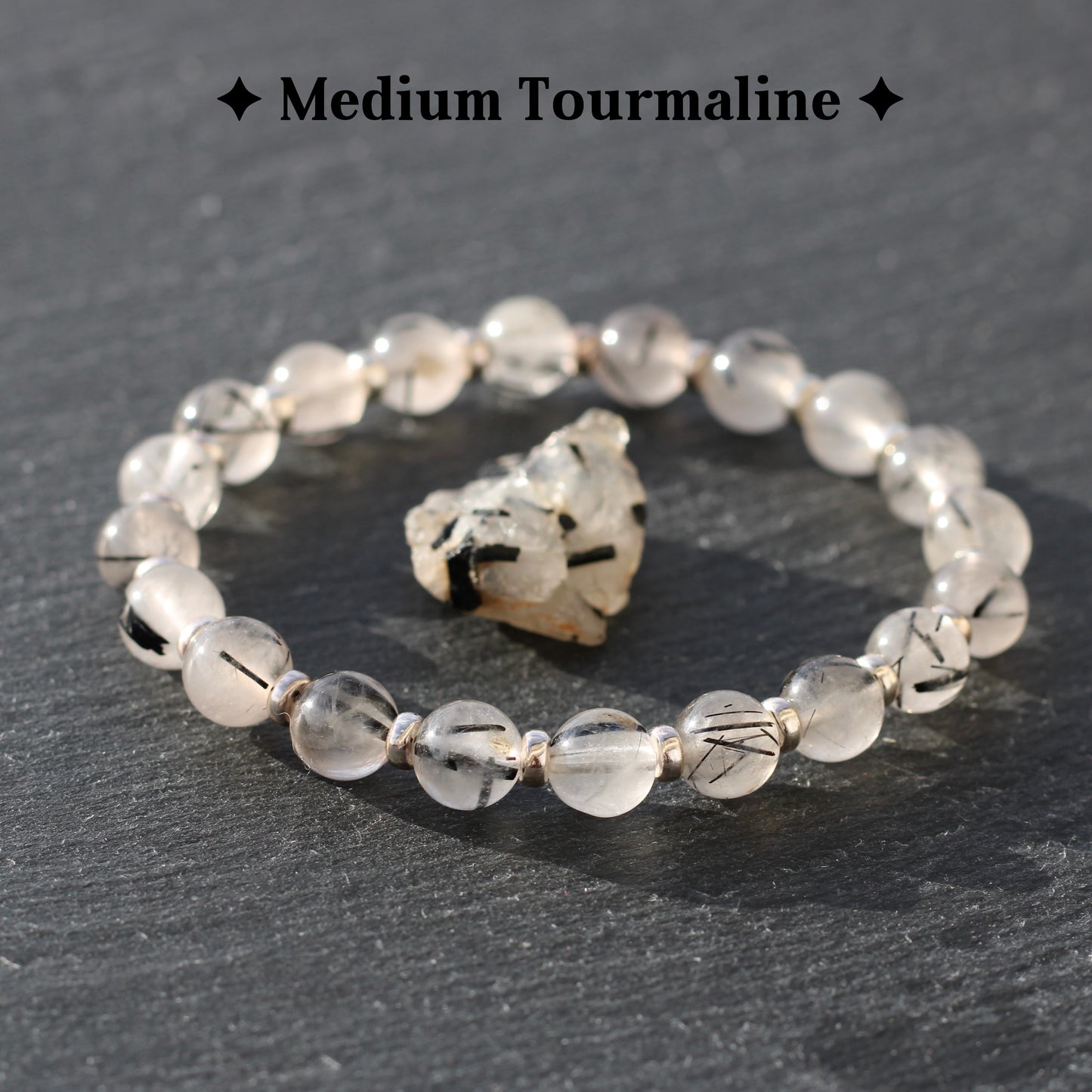 Tourmaline In Quartz Power Bracelet With Sterling Silver & Raw Tourmalated Quartz Piece