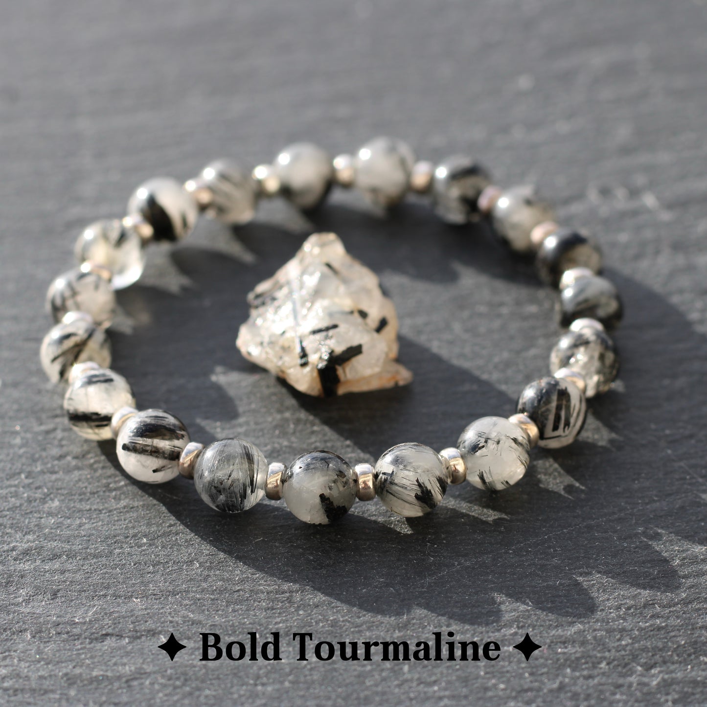 Tourmaline In Quartz Power Bracelet With Sterling Silver & Raw Tourmalated Quartz Piece