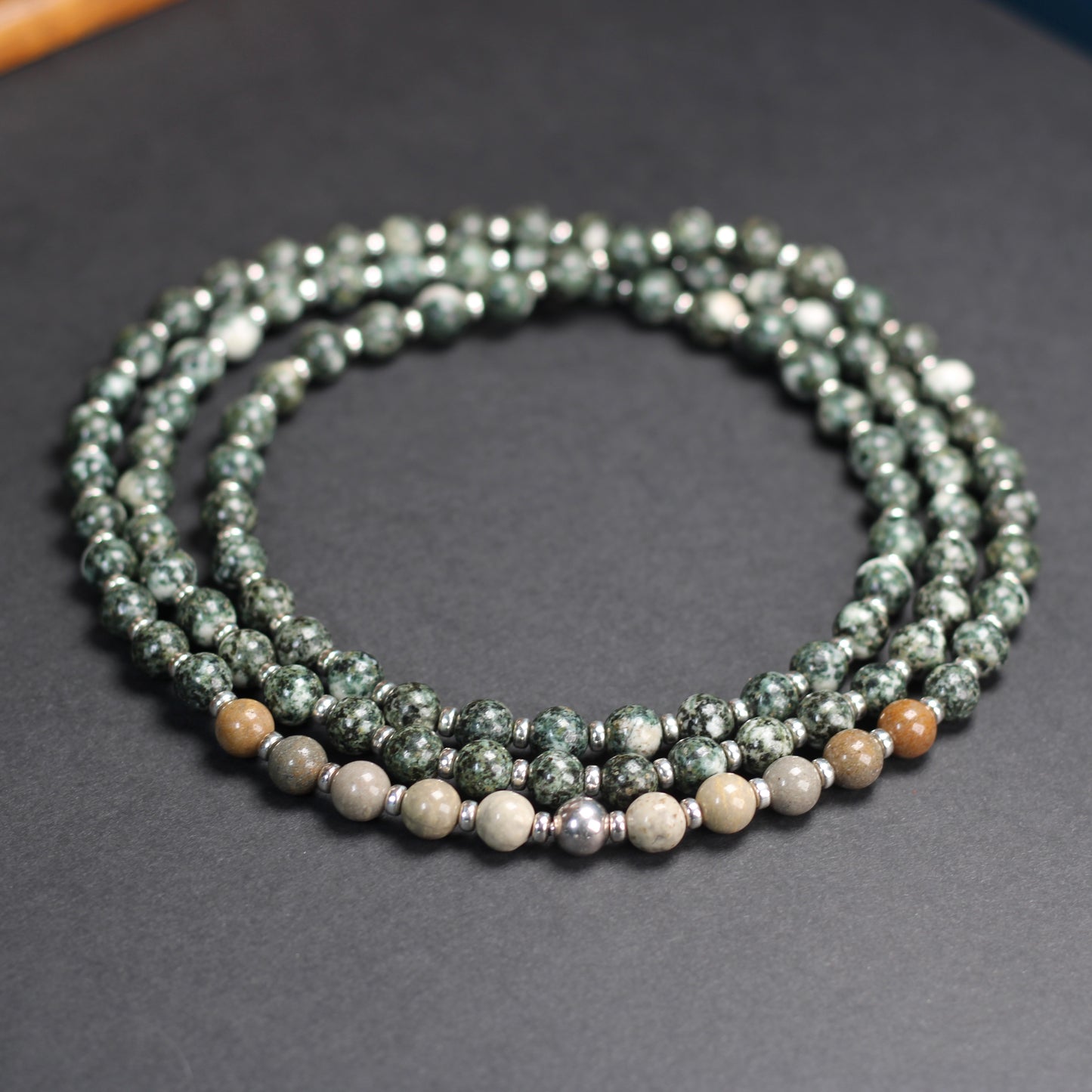 Preseli Bluestone & Sarsen Stonehenge Mala. 108 Bead Necklace And Sterling Silver Accent Bead. Free Dolorite Tumble Stone.