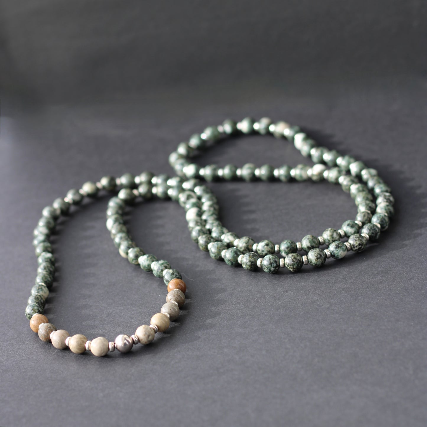 Preseli Bluestone & Sarsen Stonehenge Mala. 108 Bead Necklace And Sterling Silver Accent Bead. Free Dolorite Tumble Stone.