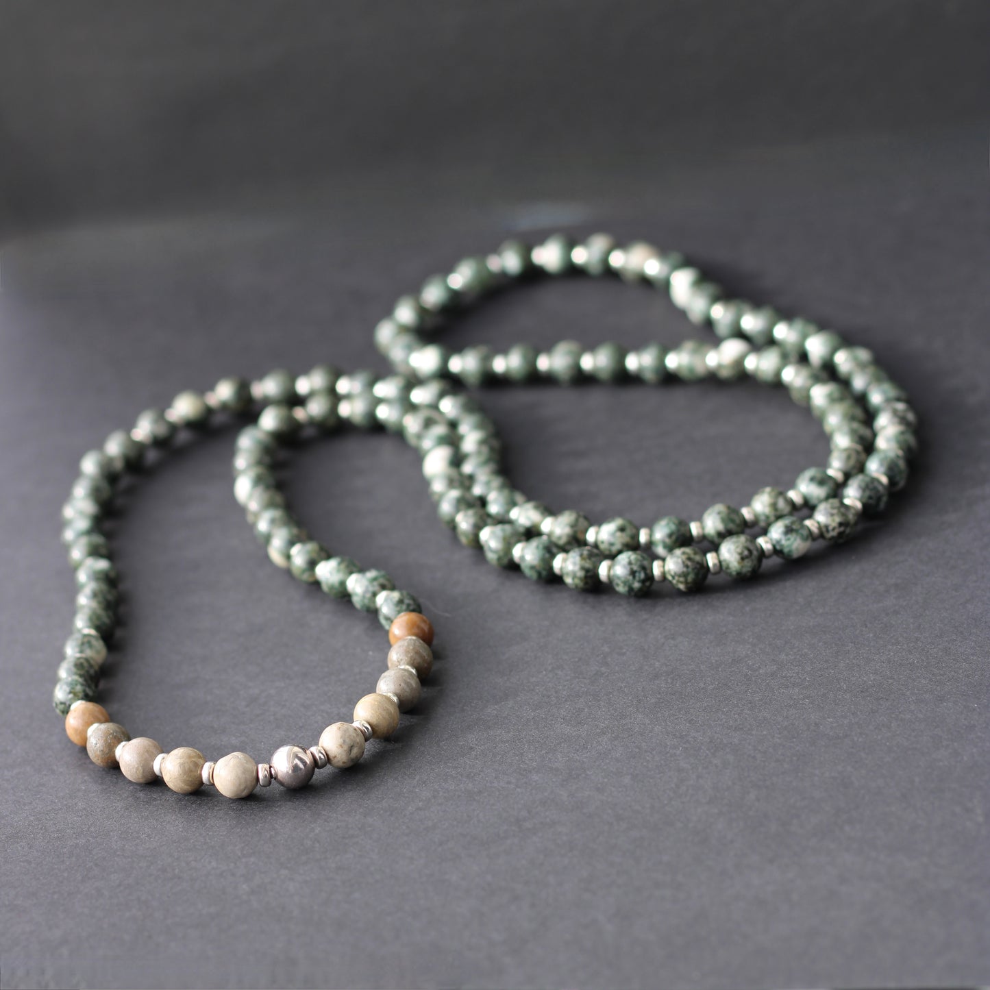 Preseli Bluestone & Sarsen Stonehenge Mala. 108 Bead Necklace And Sterling Silver Accent Bead. Free Dolorite Tumble Stone.
