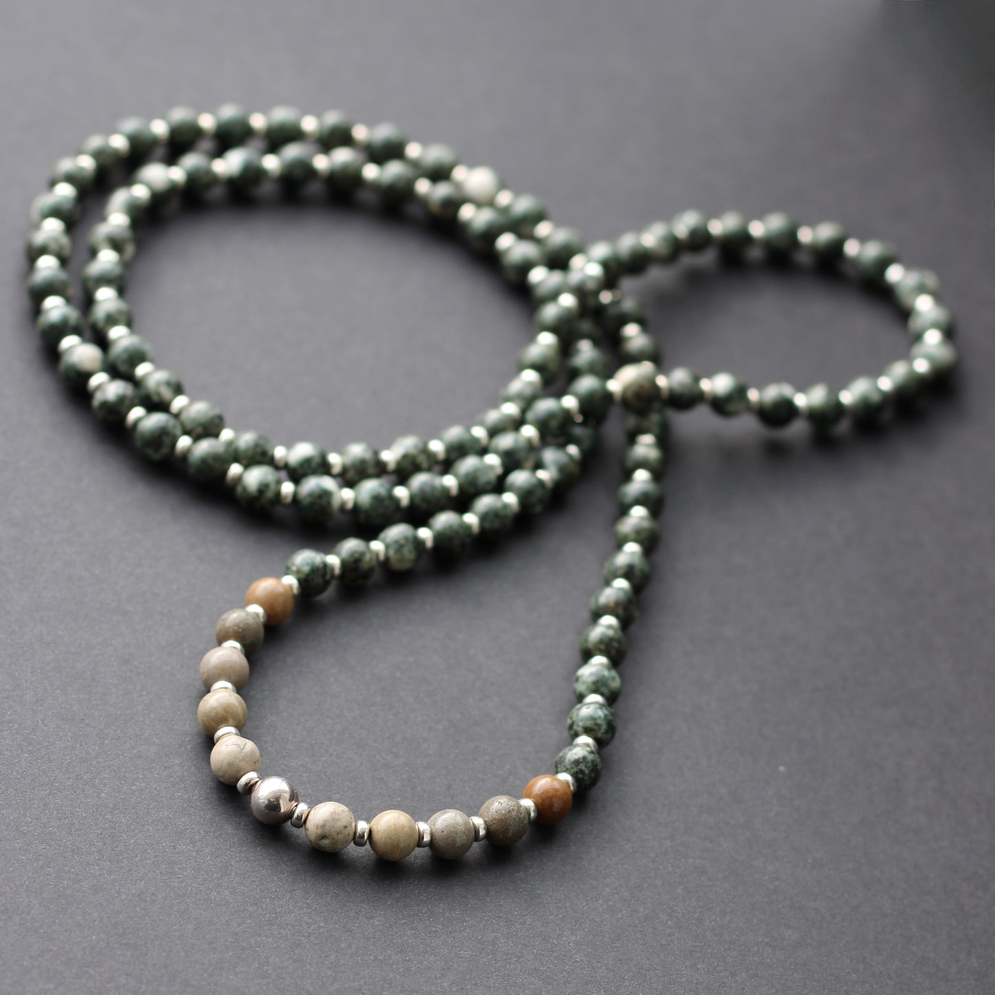 Preseli Bluestone & Sarsen Stonehenge Mala. 108 Bead Necklace And Sterling Silver Accent Bead. Free Dolorite Tumble Stone.