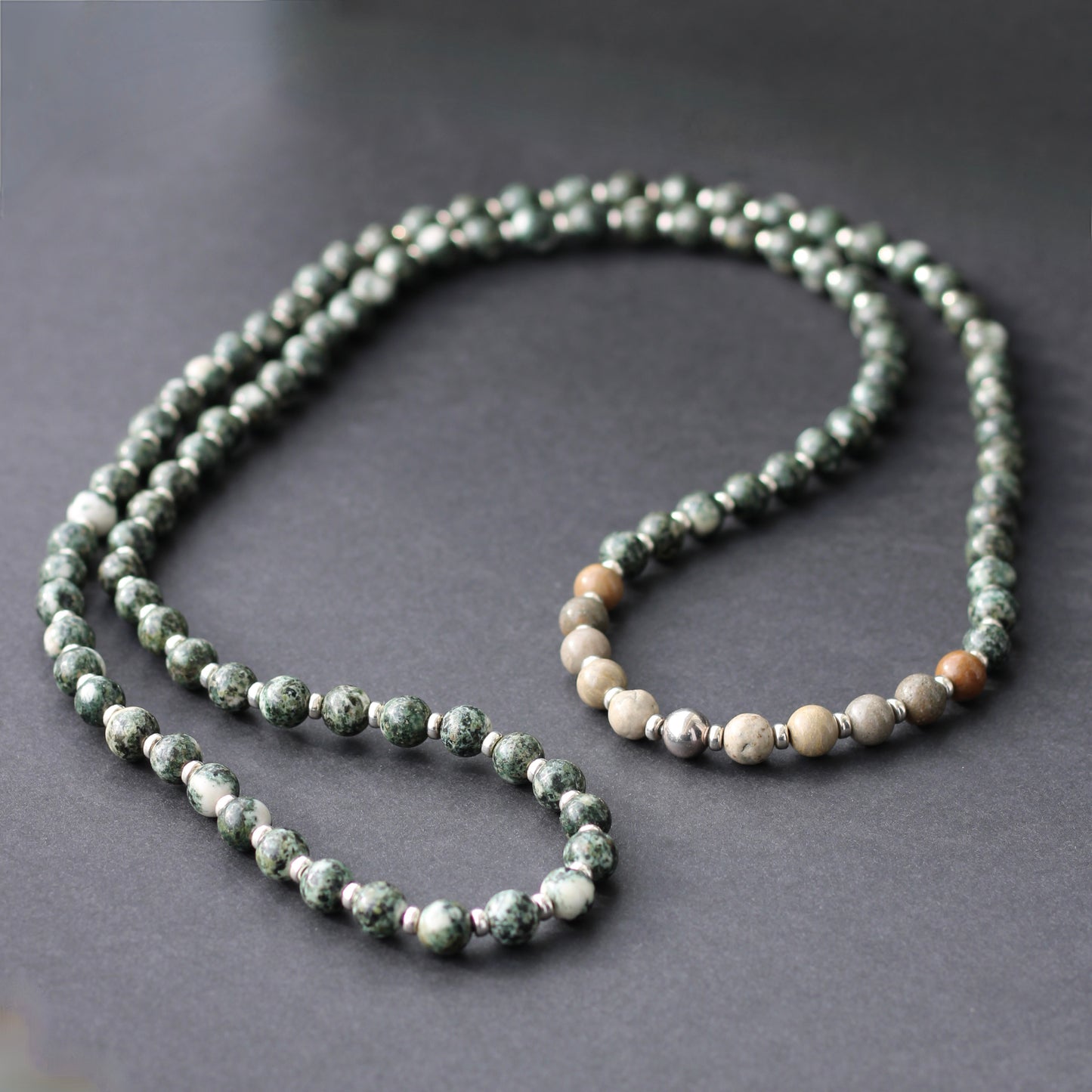 Preseli Bluestone & Sarsen Stonehenge Mala. 108 Bead Necklace And Sterling Silver Accent Bead. Free Dolorite Tumble Stone.