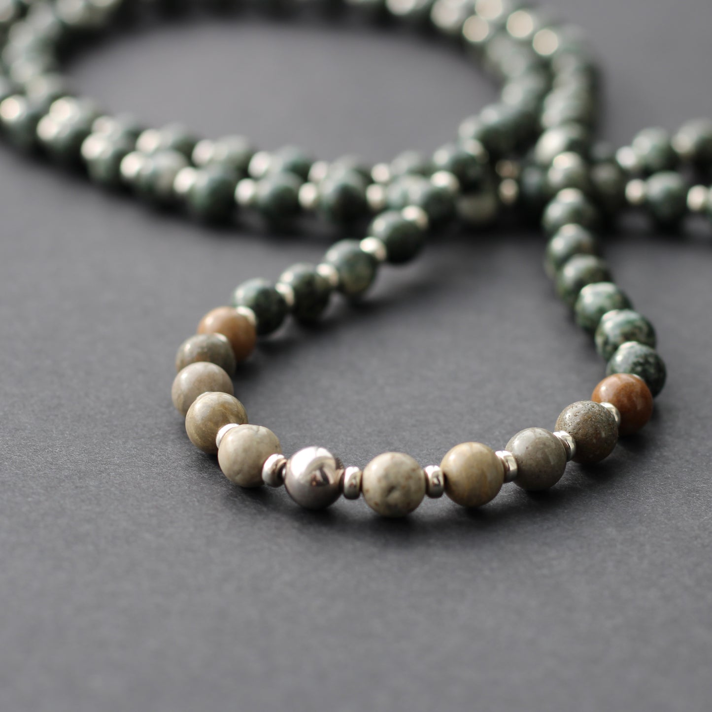 Preseli Bluestone & Sarsen Stonehenge Mala. 108 Bead Necklace And Sterling Silver Accent Bead. Free Dolorite Tumble Stone.