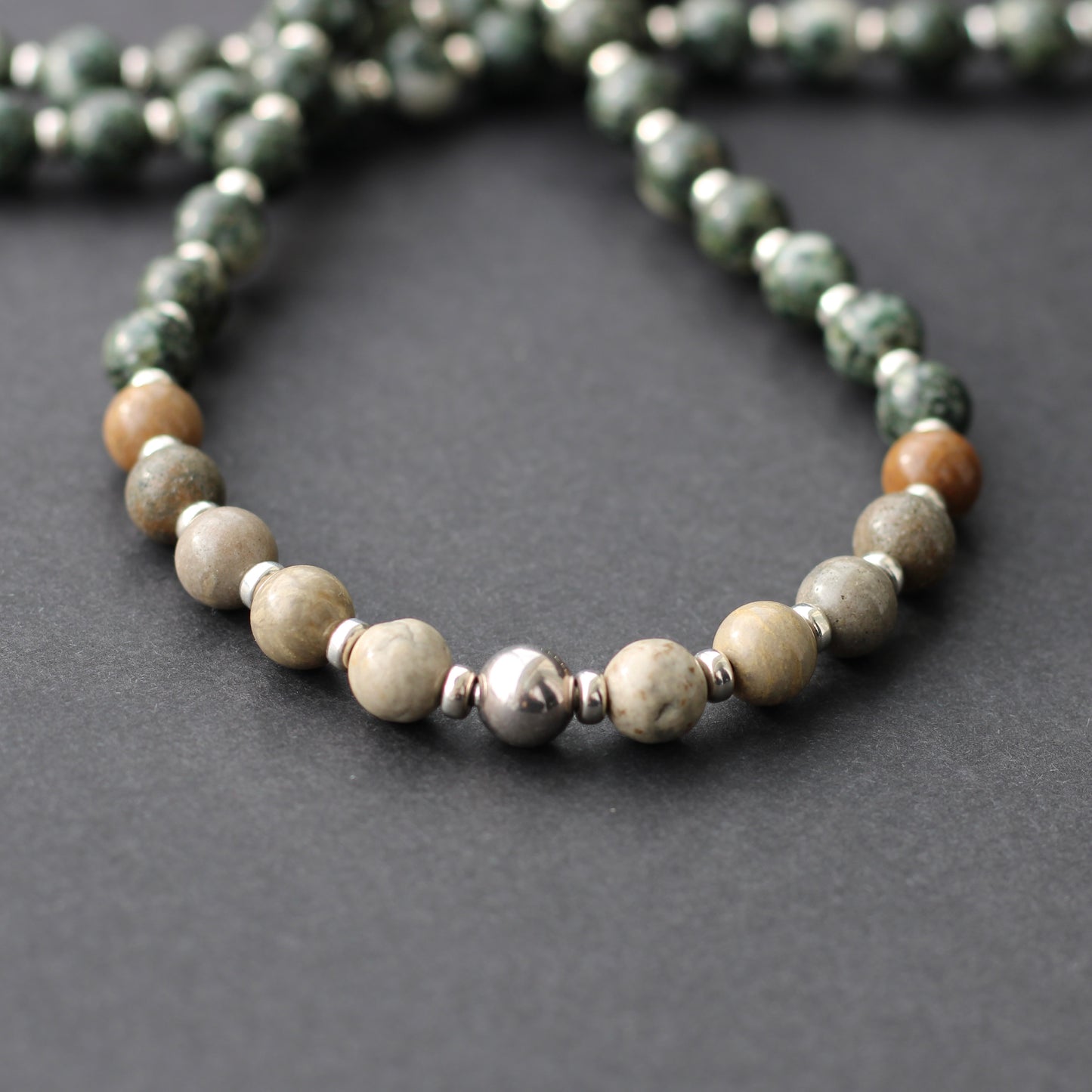 Preseli Bluestone & Sarsen Stonehenge Mala. 108 Bead Necklace And Sterling Silver Accent Bead. Free Dolorite Tumble Stone.