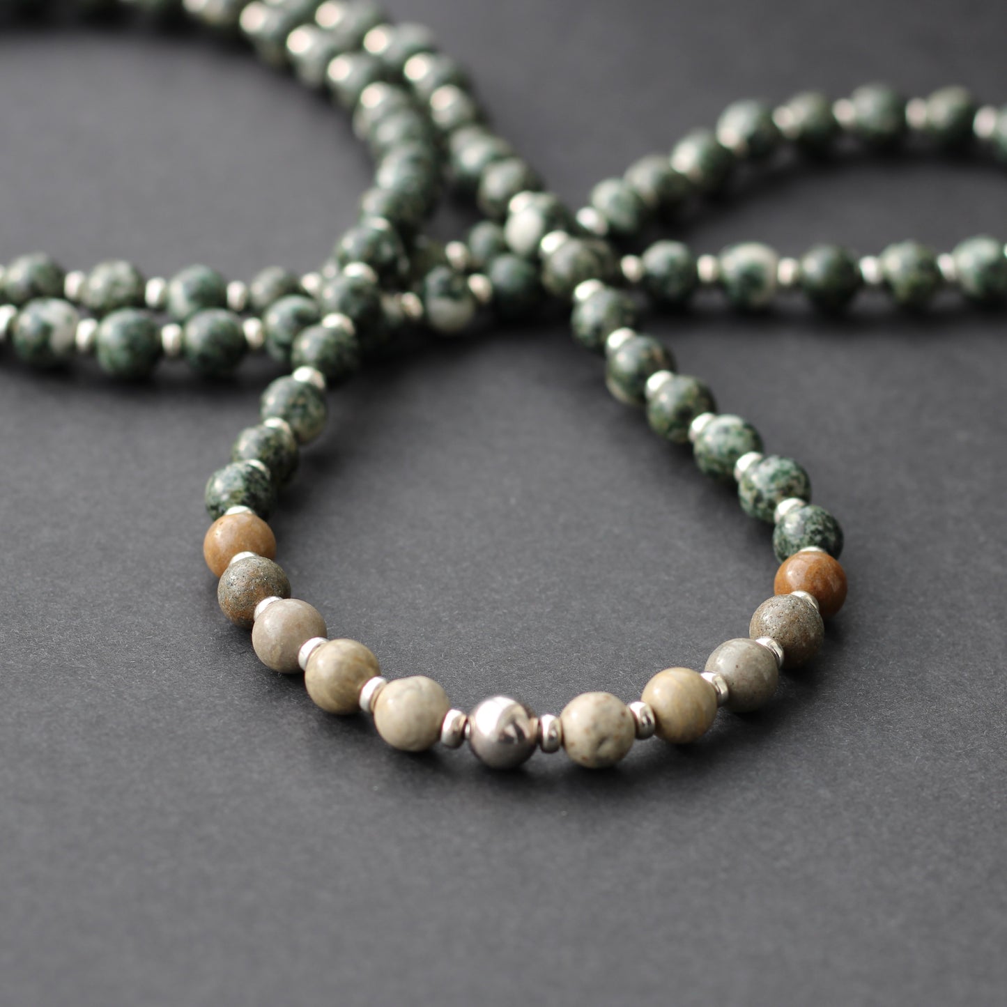 Preseli Bluestone & Sarsen Stonehenge Mala. 108 Bead Necklace And Sterling Silver Accent Bead. Free Dolorite Tumble Stone.