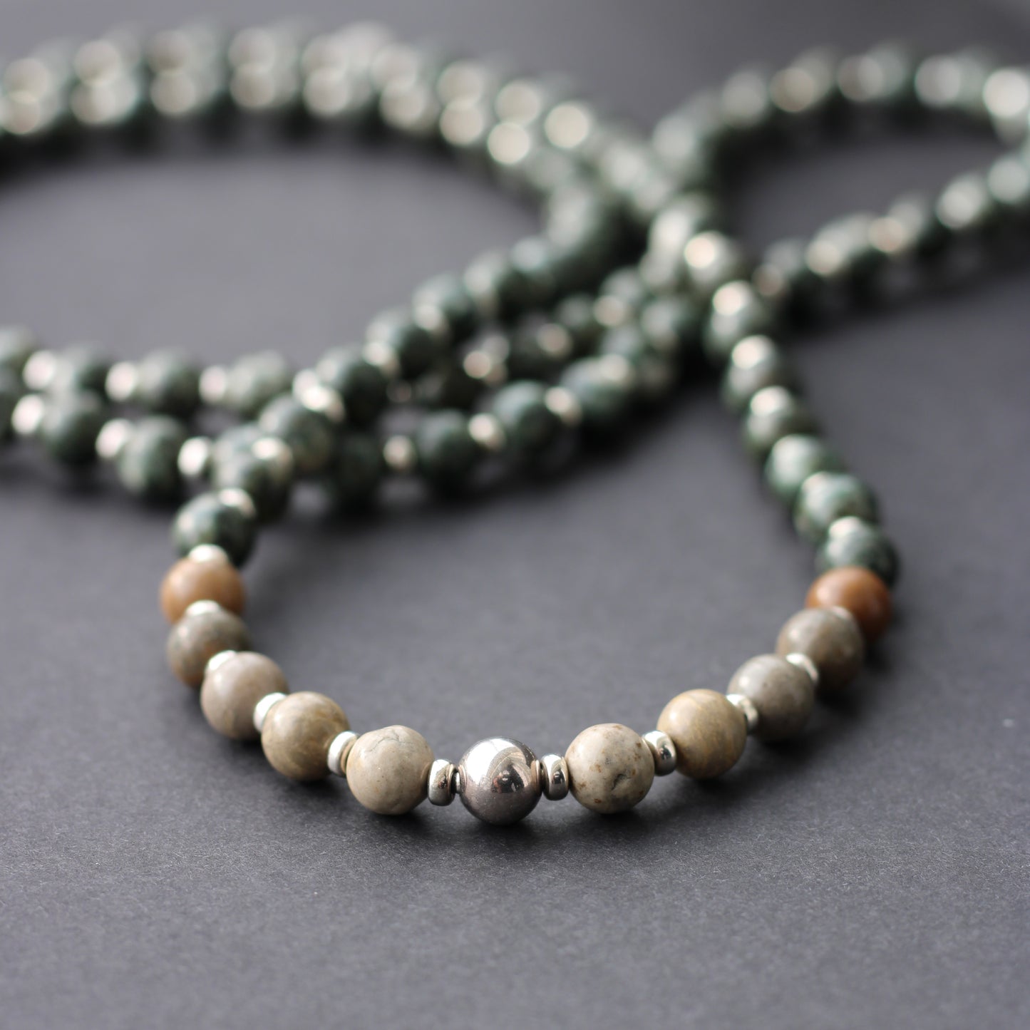 Preseli Bluestone & Sarsen Stonehenge Mala. 108 Bead Necklace And Sterling Silver Accent Bead. Free Dolorite Tumble Stone.