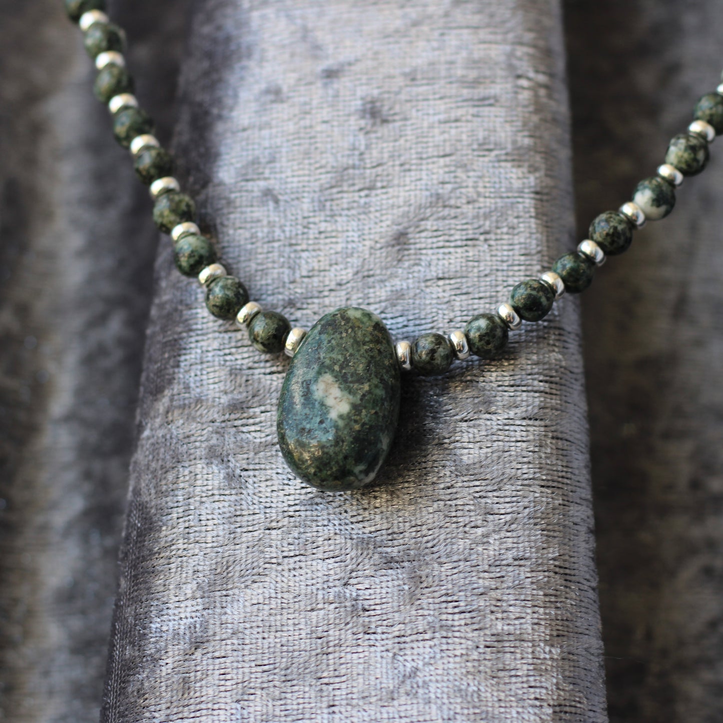 Preseli Bluestone Stonehenge Mala. 108 Bead Necklace And Sterling Silver Accent Bead. Dolorite Tumble Stone. 6mm Beads