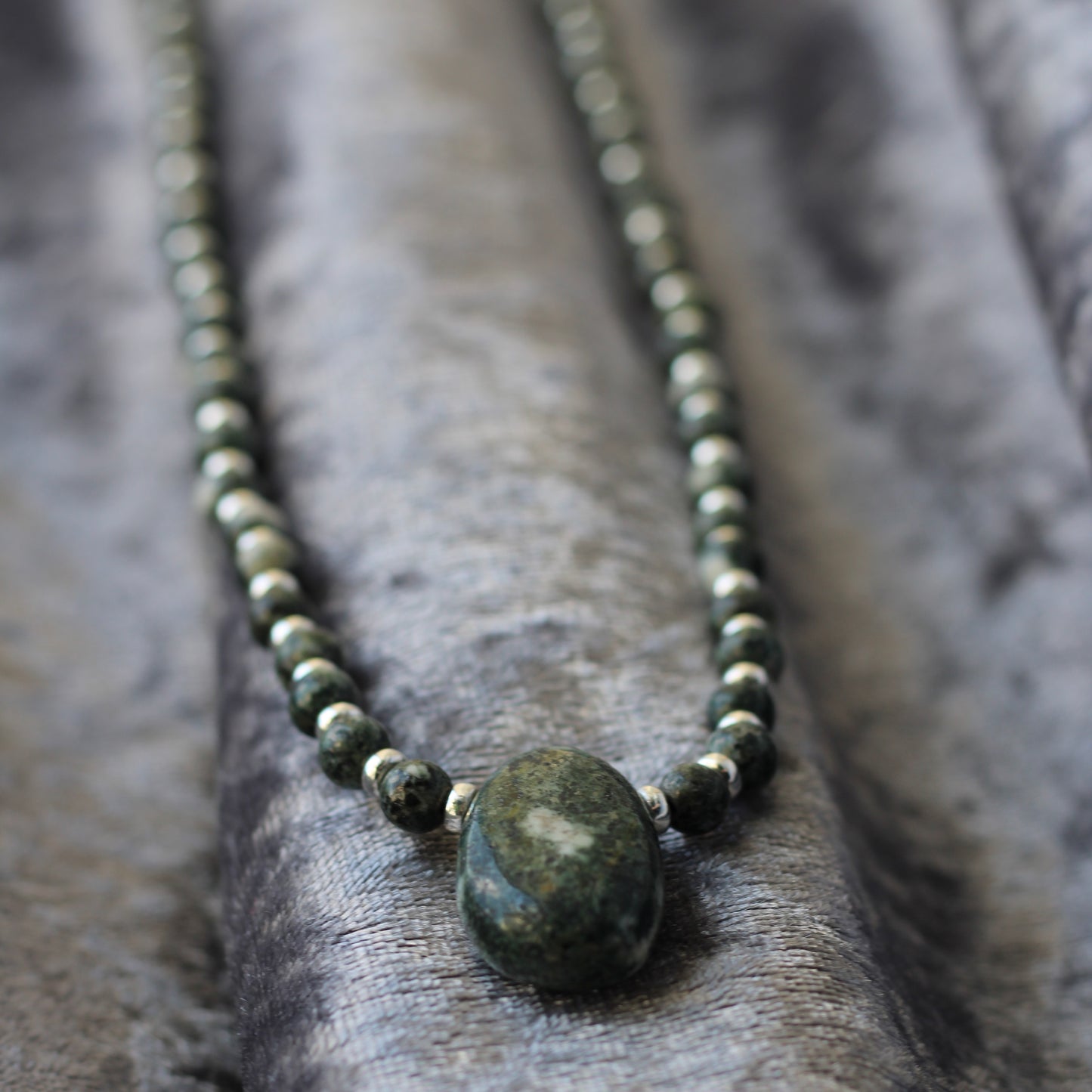 Preseli Bluestone Stonehenge Mala. 108 Bead Necklace And Sterling Silver Accent Bead. Dolorite Tumble Stone. 6mm Beads