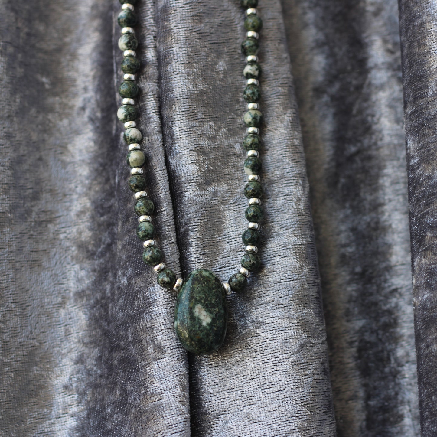 Preseli Bluestone Stonehenge Mala. 108 Bead Necklace And Sterling Silver Accent Bead. Dolorite Tumble Stone. 6mm Beads