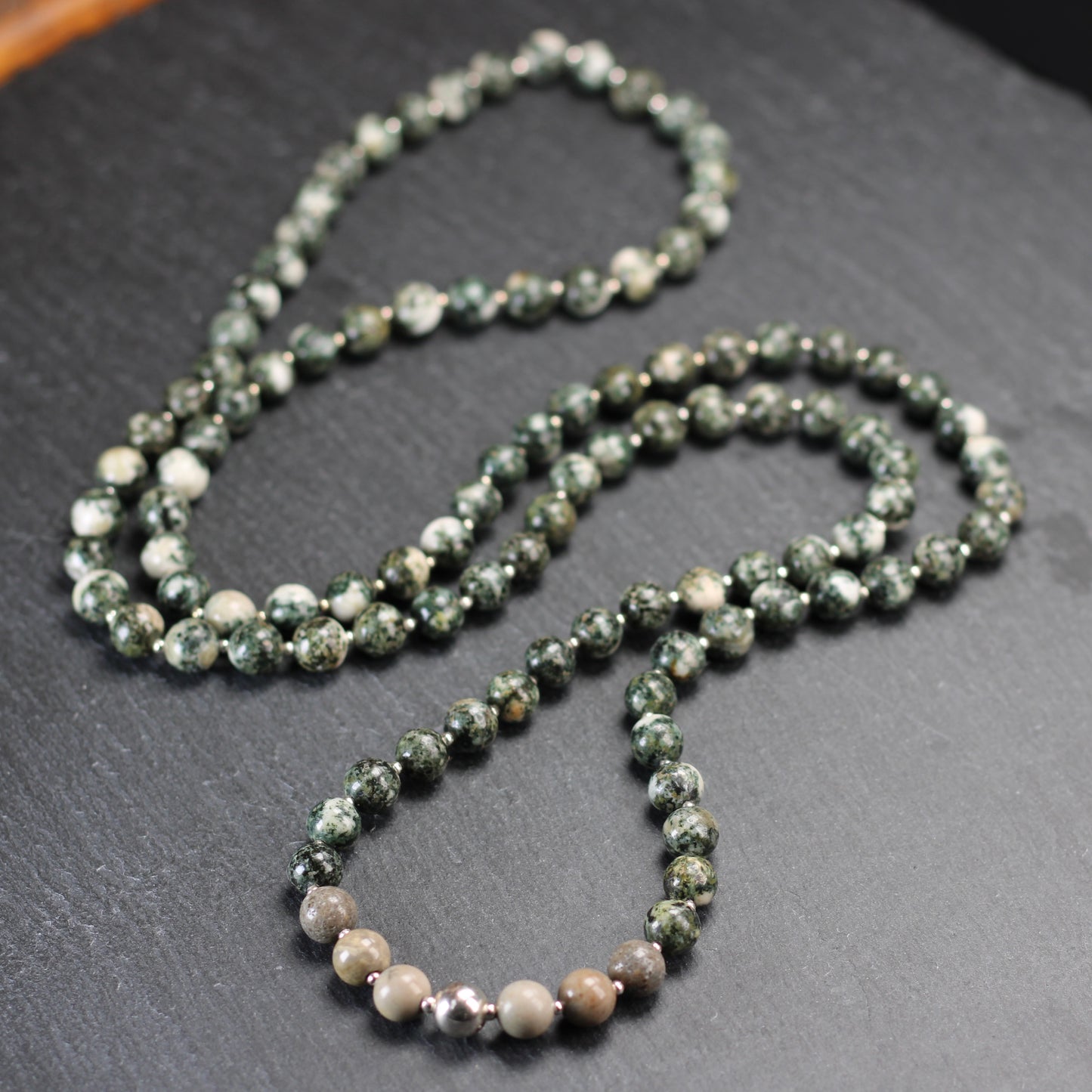 Preseli Bluestone & Sarsen Stonehenge Mala. 108 Bead Necklace And Sterling Silver Accent Bead. Free Dolorite Tumble Stone.