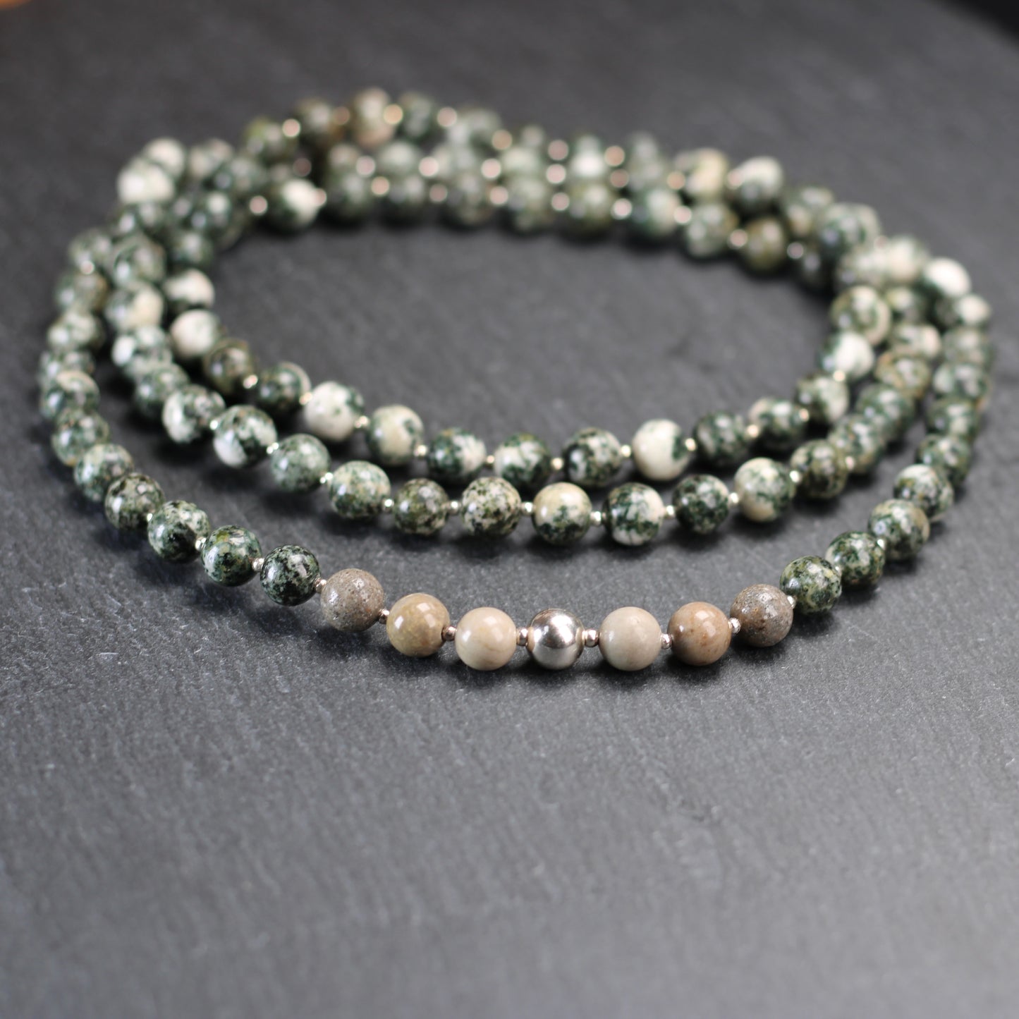 Preseli Bluestone & Sarsen Stonehenge Mala. 108 Bead Necklace And Sterling Silver Accent Bead. Free Dolorite Tumble Stone.