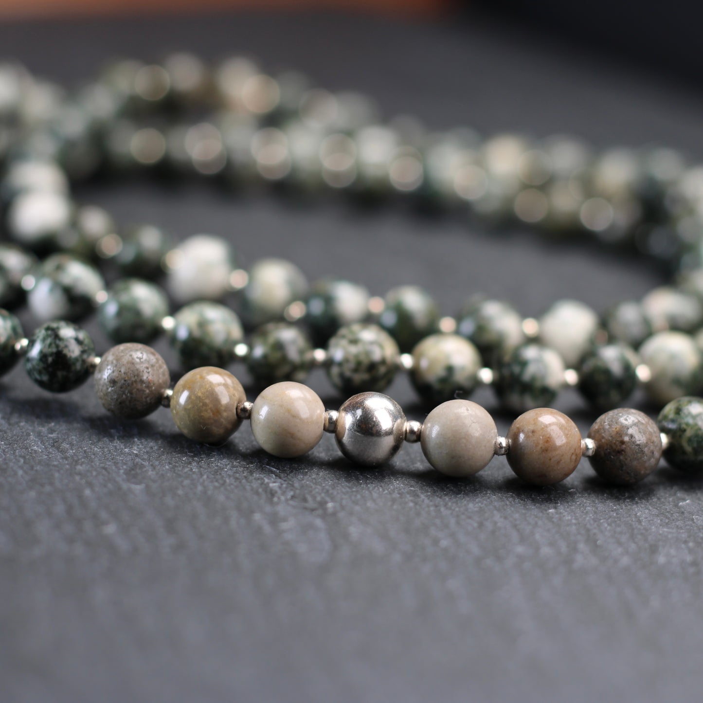 Preseli Bluestone & Sarsen Stonehenge Mala. 108 Bead Necklace And Sterling Silver Accent Bead. Free Dolorite Tumble Stone.