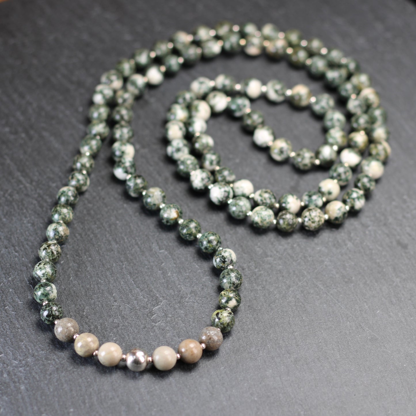 Preseli Bluestone & Sarsen Stonehenge Mala. 108 Bead Necklace And Sterling Silver Accent Bead. Free Dolorite Tumble Stone.