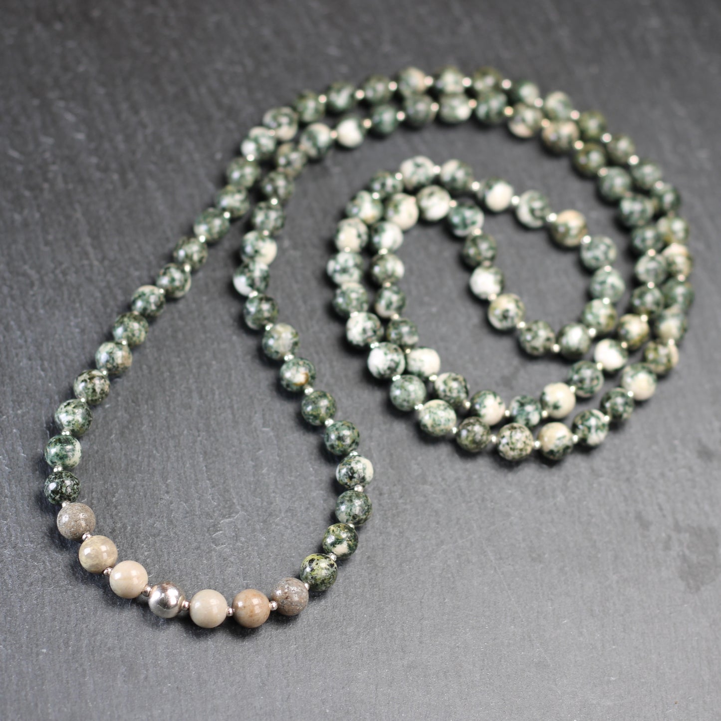 Preseli Bluestone & Sarsen Stonehenge Mala. 108 Bead Necklace And Sterling Silver Accent Bead. Free Dolorite Tumble Stone.