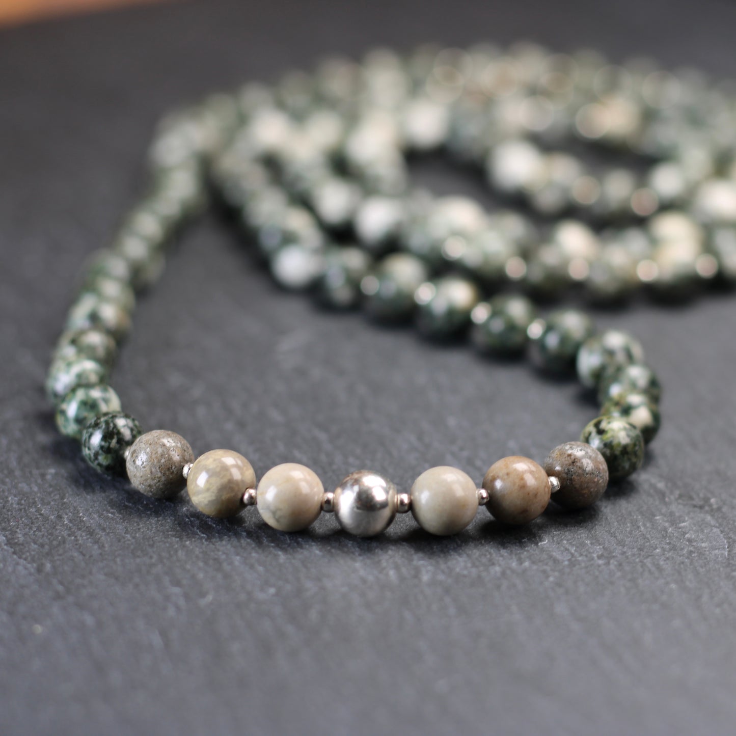 Preseli Bluestone & Sarsen Stonehenge Mala. 108 Bead Necklace And Sterling Silver Accent Bead. Free Dolorite Tumble Stone.