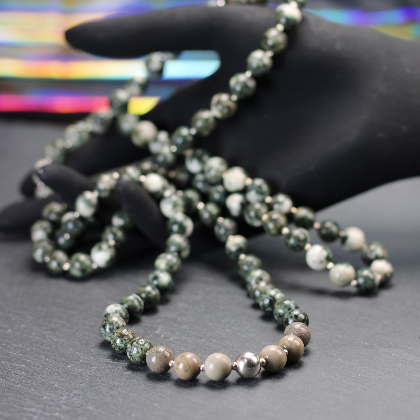Preseli Bluestone & Sarsen Stonehenge Mala. 108 Bead Necklace And Sterling Silver Accent Bead. Free Dolorite Tumble Stone.
