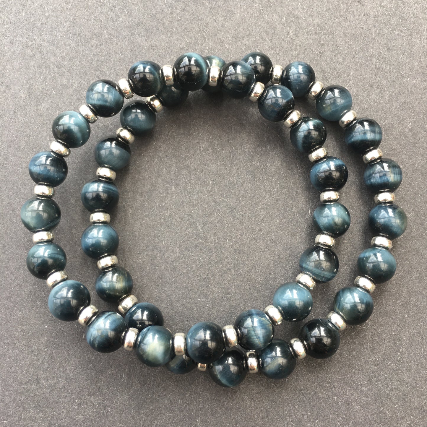 Blue Tigers Eye Power Bracelet With Sterling Silver & Hawks Eye Tumble Stone.