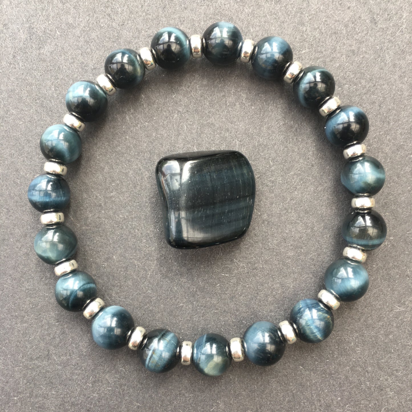 Blue Tigers Eye Power Bracelet With Sterling Silver & Hawks Eye Tumble Stone.