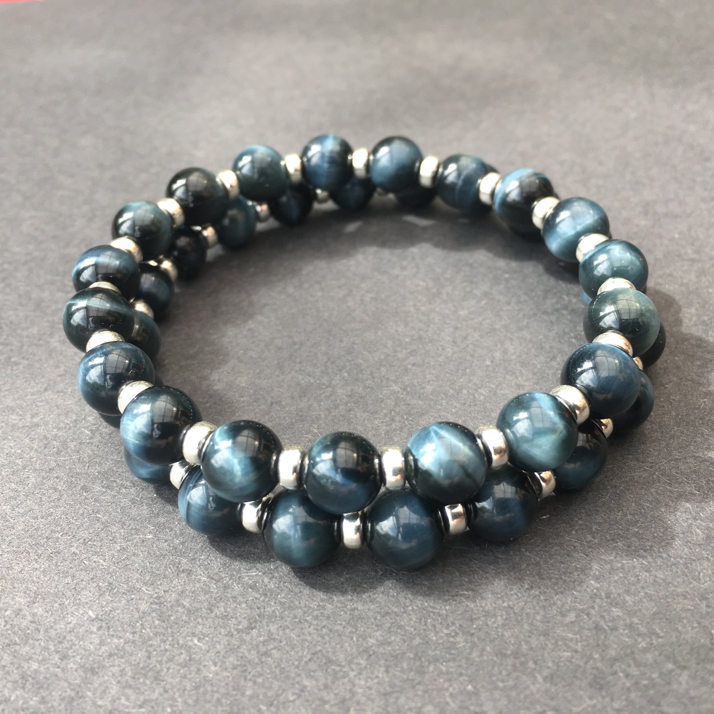Blue Tigers Eye Power Bracelet With Sterling Silver & Hawks Eye Tumble Stone.