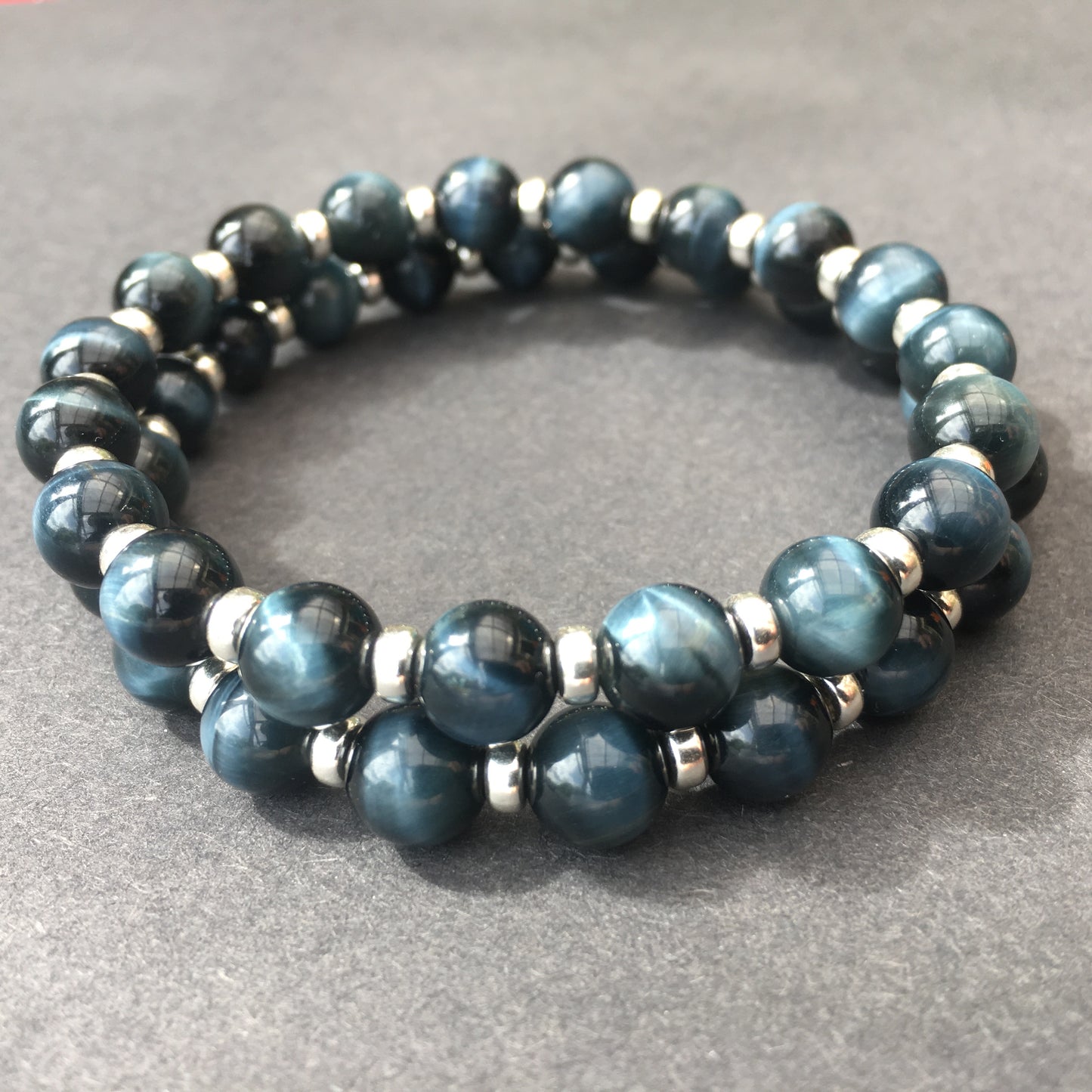 Blue Tigers Eye Power Bracelet With Sterling Silver & Hawks Eye Tumble Stone.