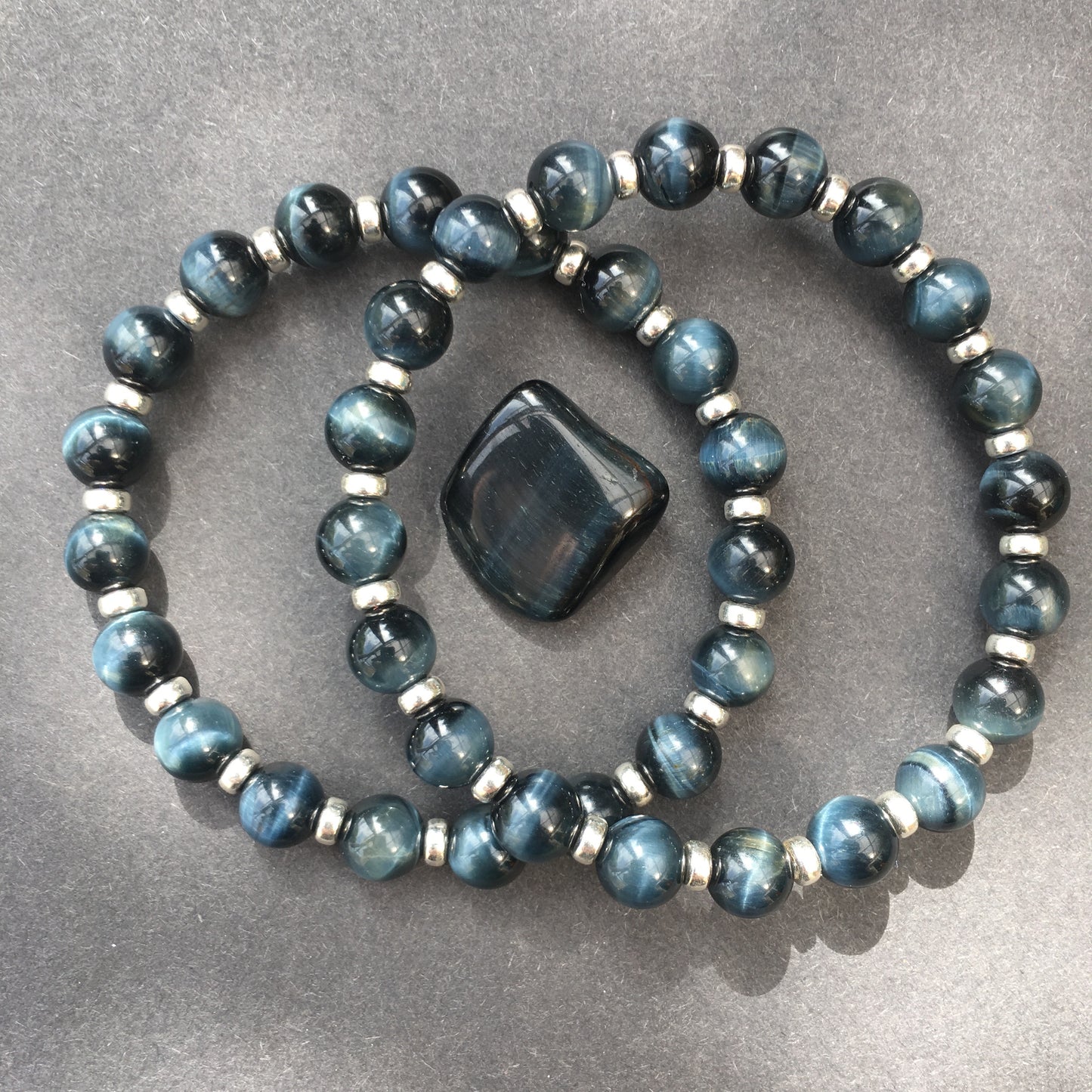 Blue Tigers Eye Power Bracelet With Sterling Silver & Hawks Eye Tumble Stone.