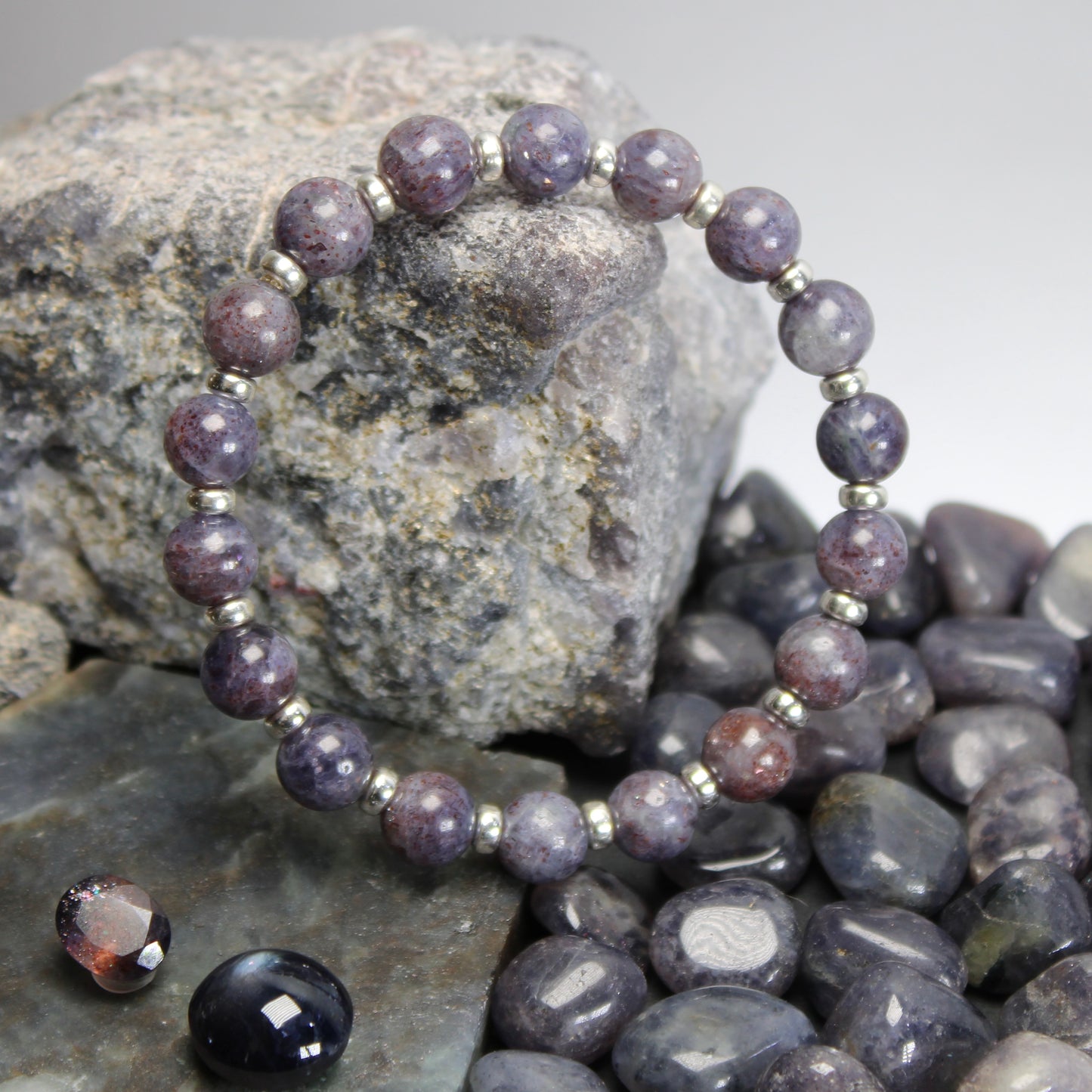 Bloodshot Iolite Power Bracelet With Sterling Silver & Tumble Stone