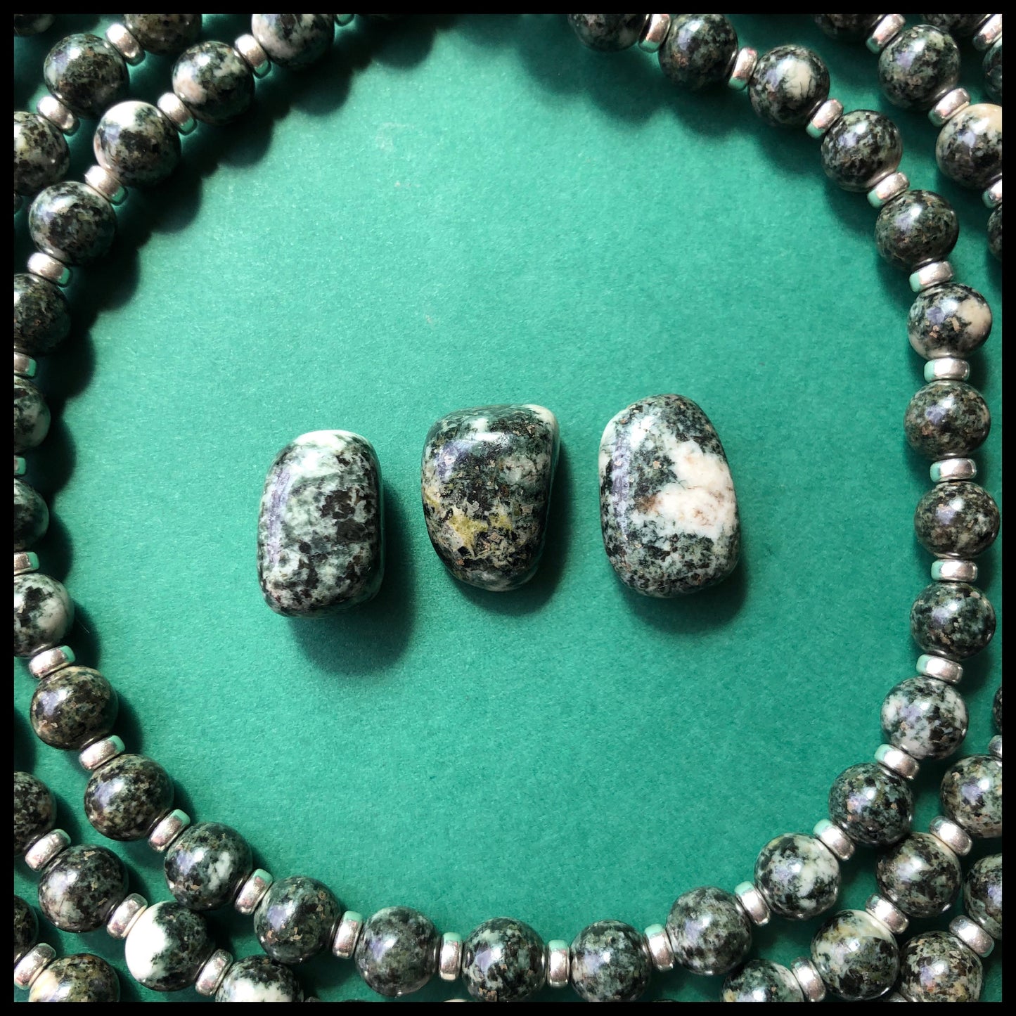 Preseli Bluestone Stonehenge Mala. 108 Bead Necklace And Sterling Silver Accent Bead. Dolorite Tumble Stone. 6mm Beads