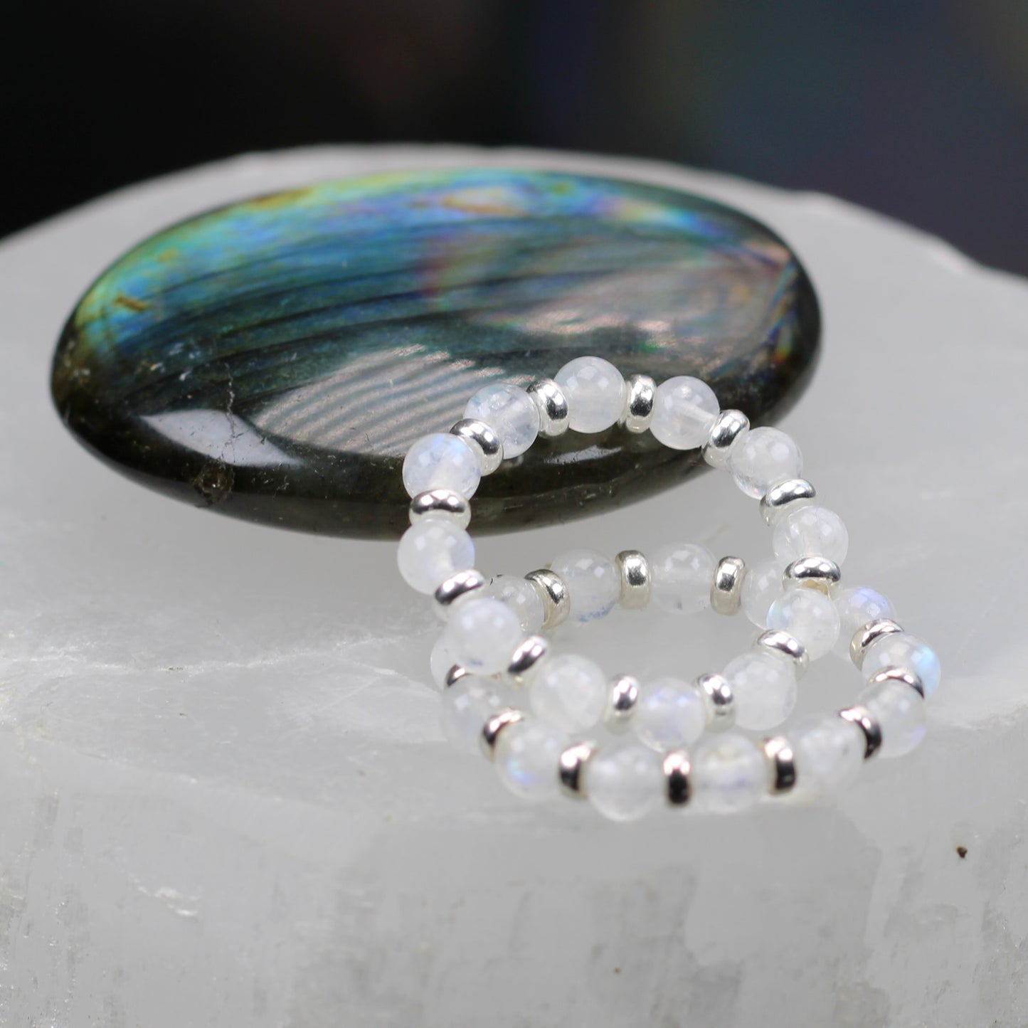 Rainbow Moonstone RING With Silver. Presented With A Tin, A Tag & A Herkimer Diamond