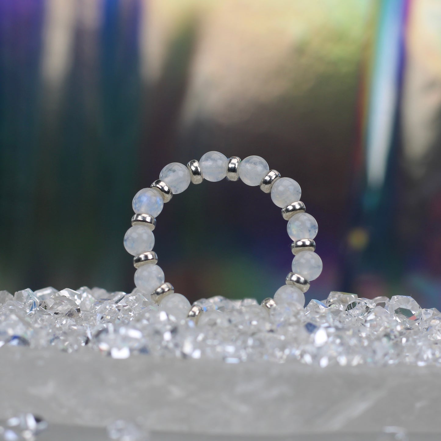 Rainbow Moonstone RING With Silver. Presented With A Tin, A Tag & A Herkimer Diamond