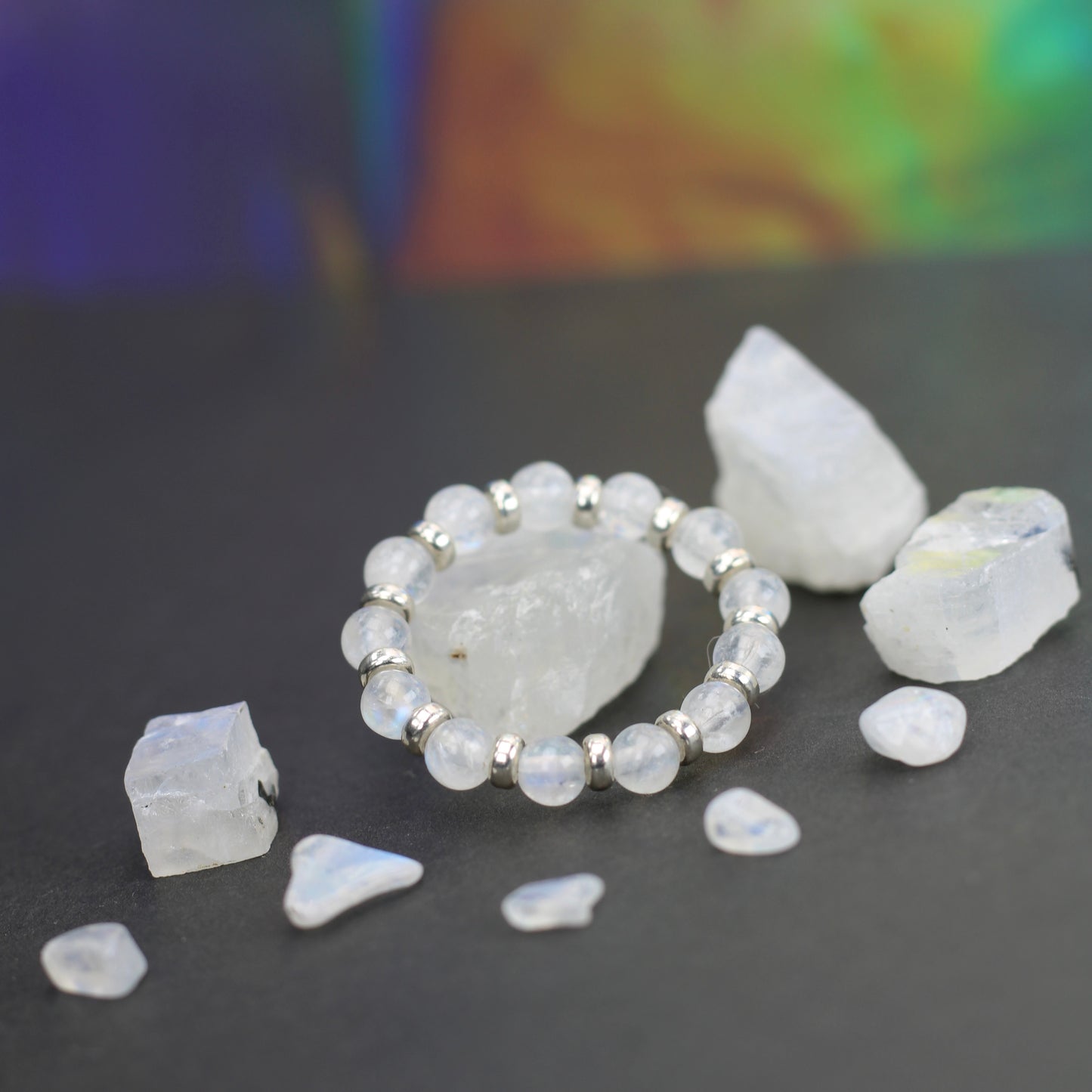 Rainbow Moonstone RING With Silver. Presented With A Tin, A Tag & A Herkimer Diamond