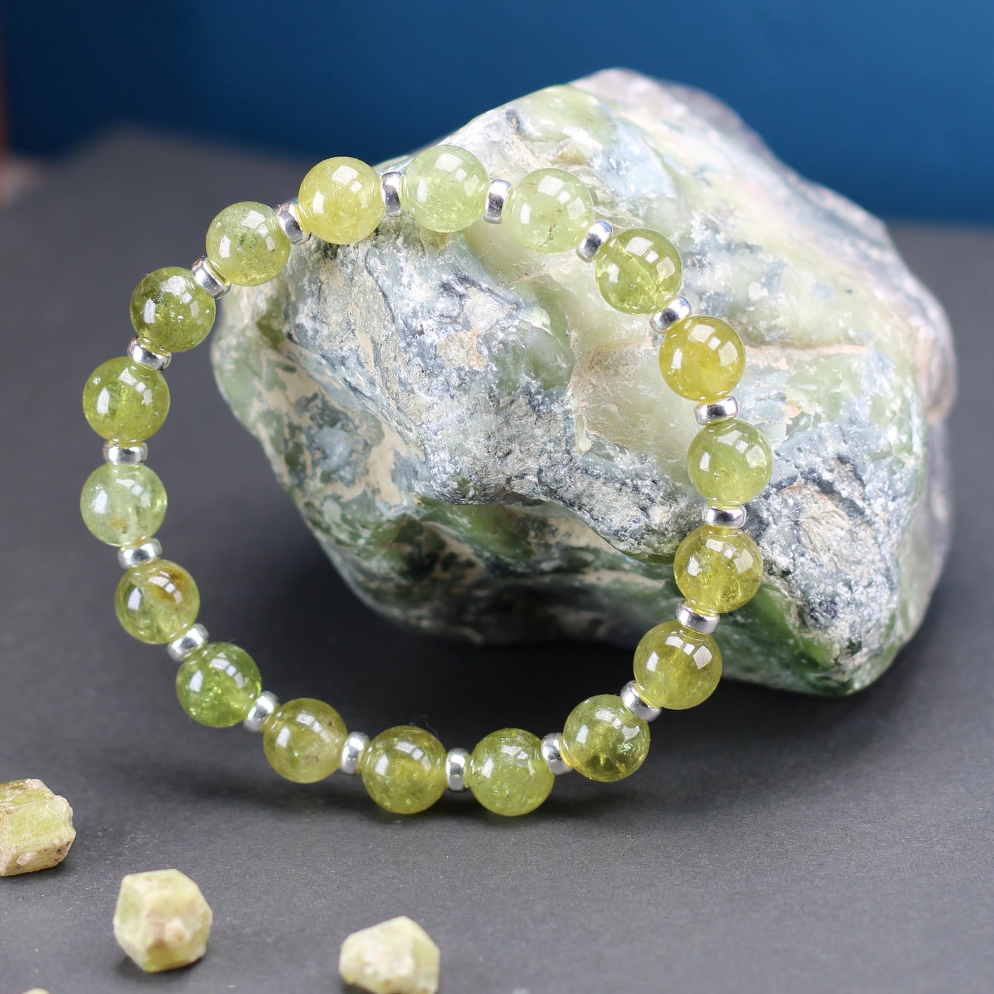 Demantoid Garnet Power Bracelet With Sterling Silver & Grossular Garnet Crystal