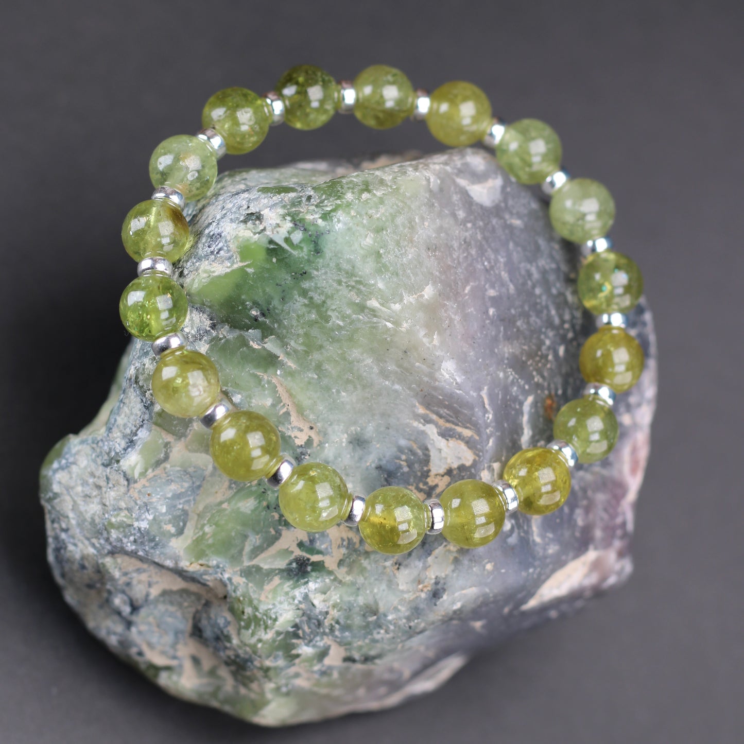 Demantoid Garnet Power Bracelet With Sterling Silver & Grossular Garnet Crystal