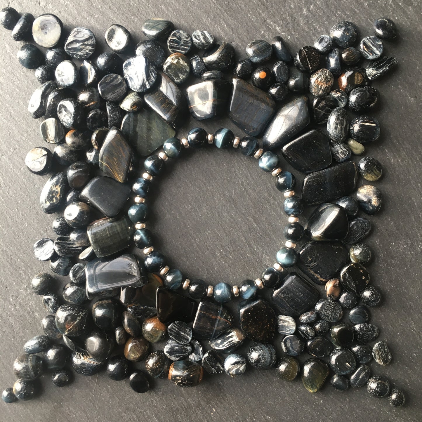 Blue Tigers Eye Power Bracelet With Sterling Silver & Hawks Eye Tumble Stone.