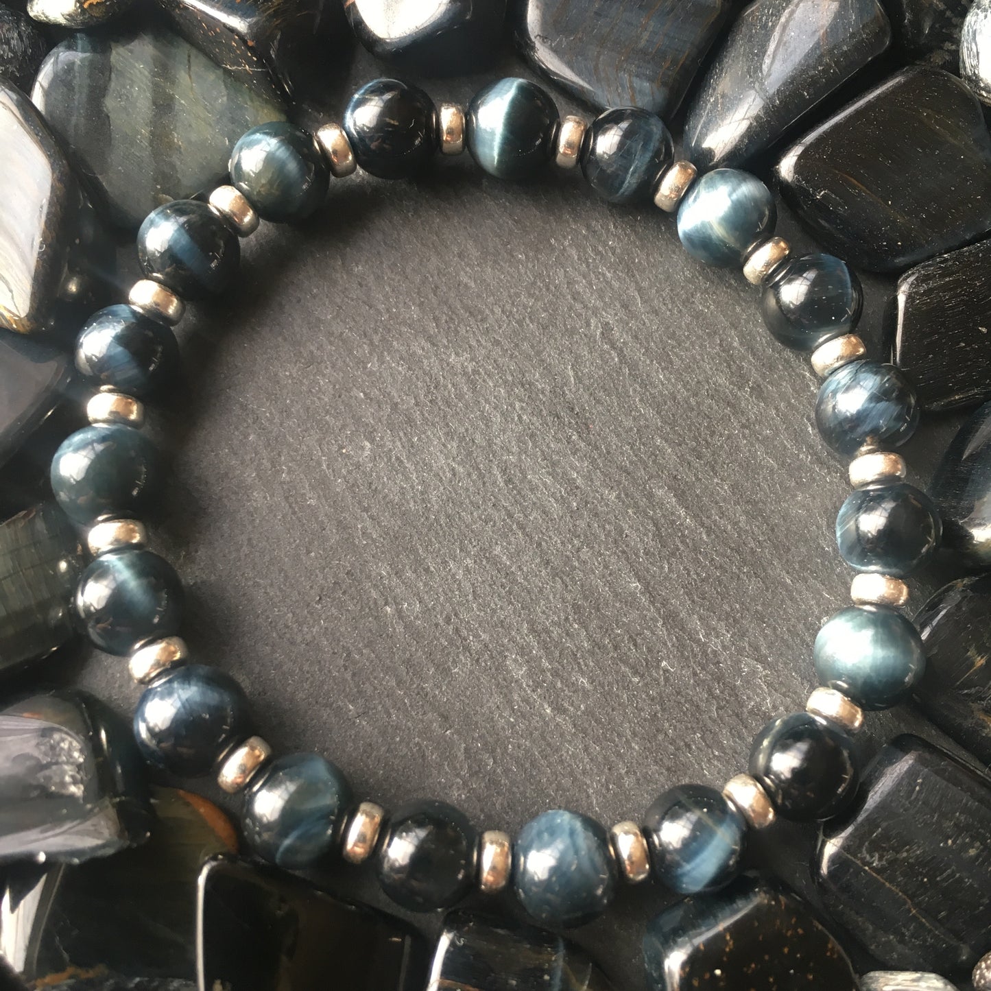 Blue Tigers Eye Power Bracelet With Sterling Silver & Hawks Eye Tumble Stone.