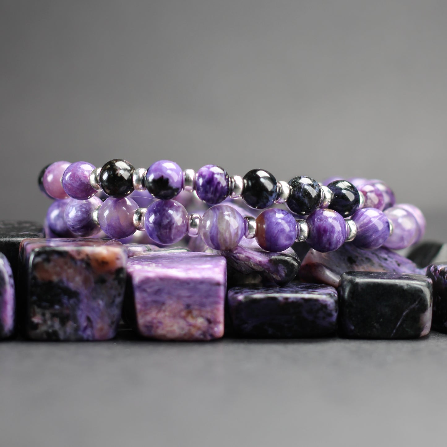 Charoite Power Bracelet With Sterling Silver & Tumble Stone