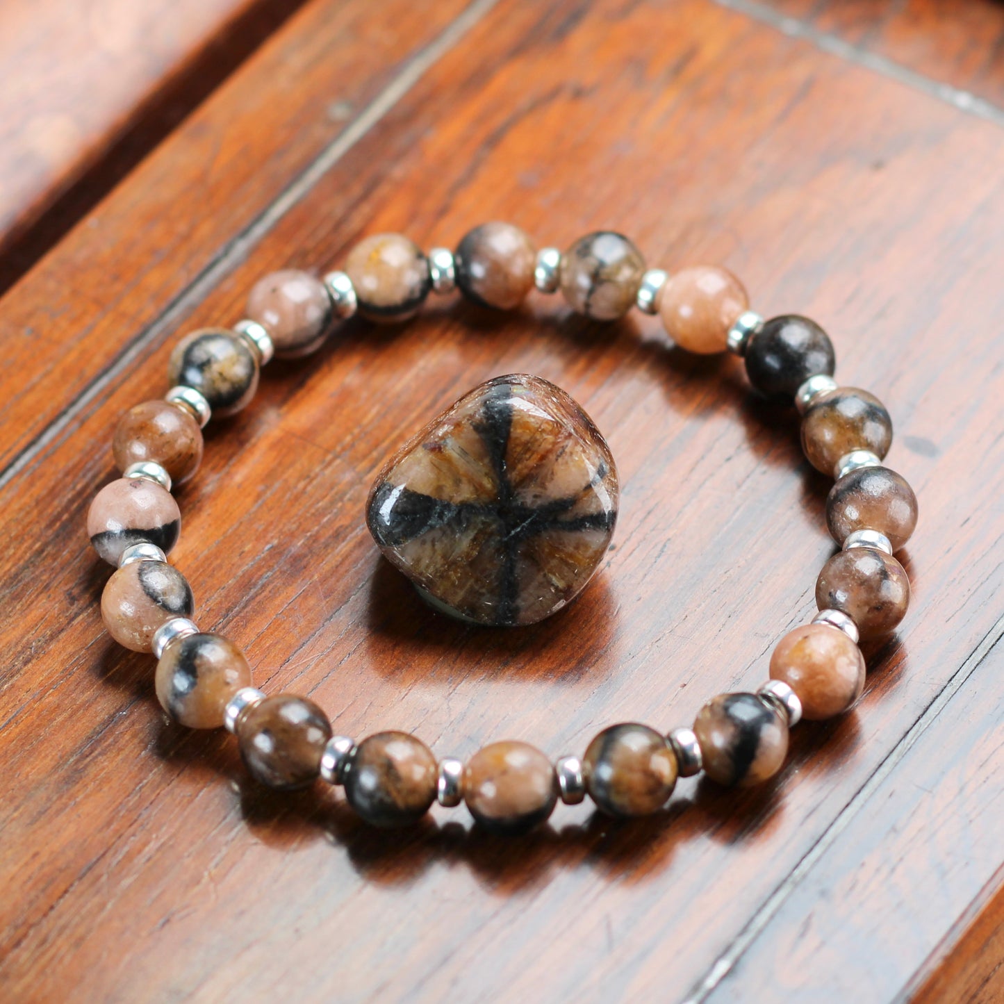 Chiastolite Power Bracelet With Sterling Silver & Tumble Stone